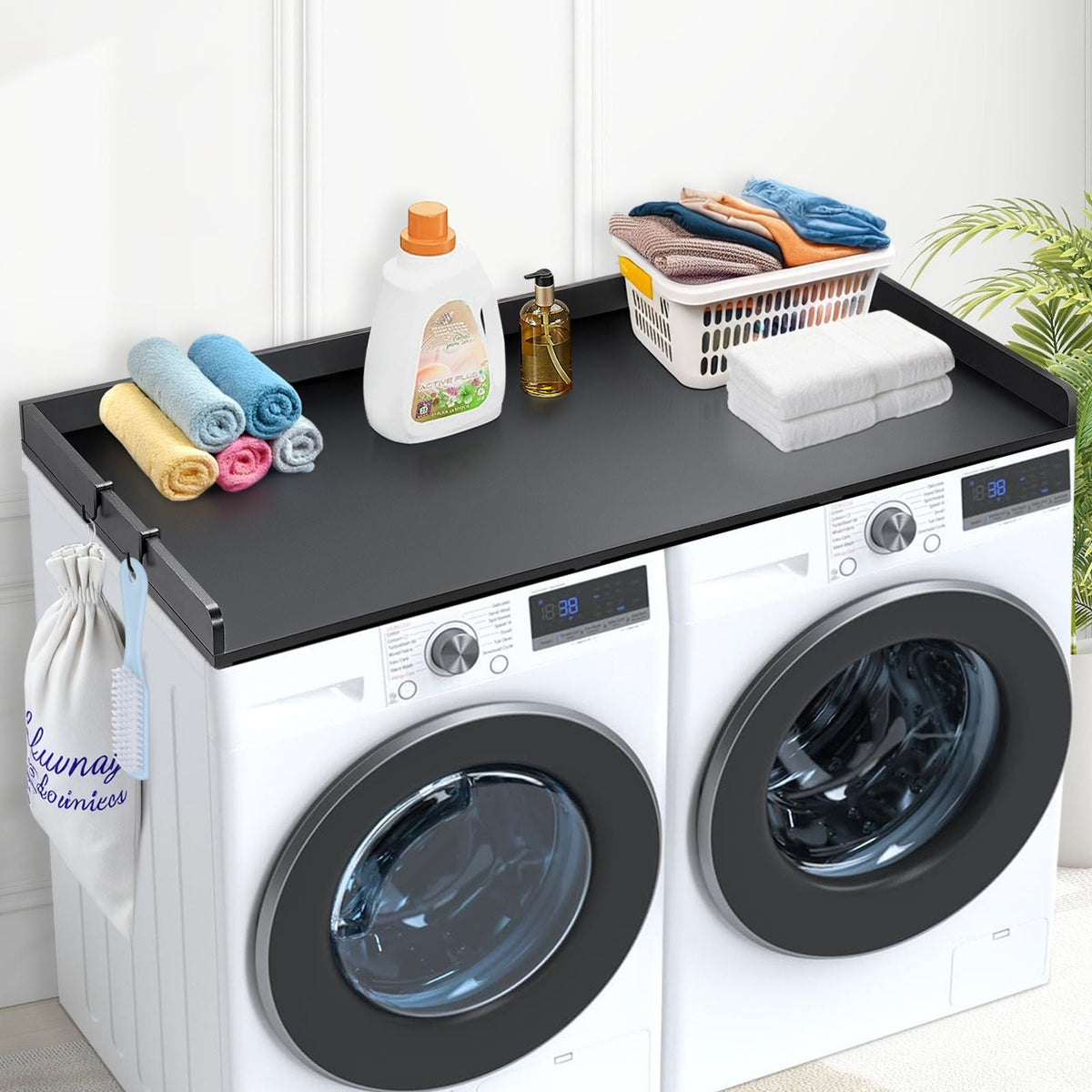 Washer Dryer Countertop, 54" x 27" Wooden Washer and Dryer Countertop, Water-Resistant Laundry Machine Topper Cover with Anti-Slip Pads, for Laundry Room Organization and Storage, Black