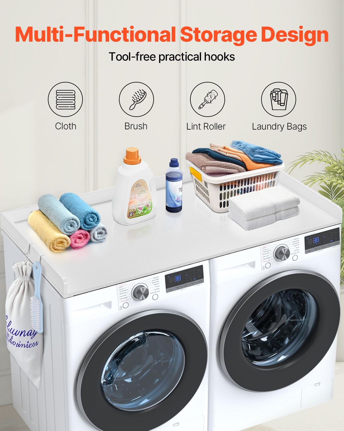 Washer Dryer Countertop, 54" x 27" Wooden Washer and Dryer Countertop, Water-Resistant Laundry Machine Topper Cover with Anti-Slip Pads, for Laundry Room Organization and Storage, White