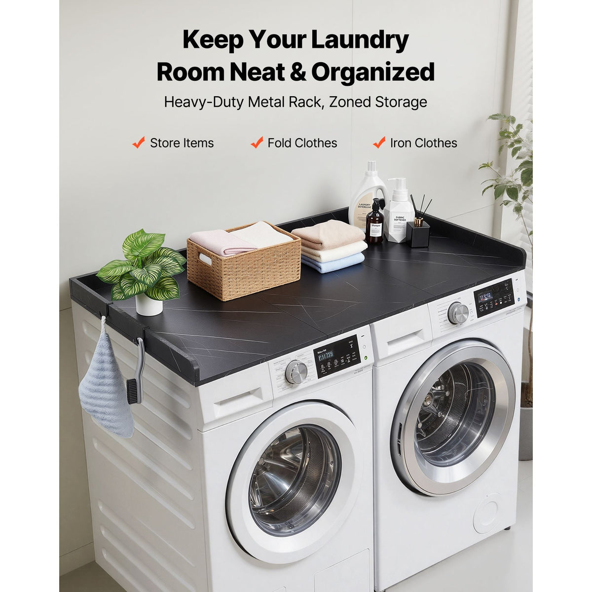 Washer Dryer Countertop, 54 x 27.5 in Marble Washer and Dryer Topper with Edge & 2 Hooks, Water-Resistant Laundry Machine Topper for Laundry Closet Pantry Counter Organization and Storage, Black