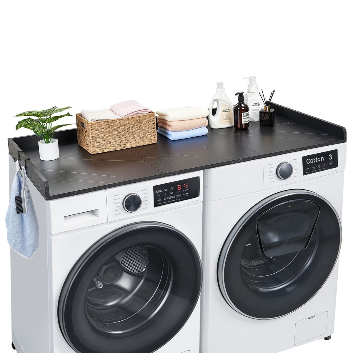 Washer Dryer Countertop, 54 x 27.5 in Marble Washer and Dryer Topper with Edge & 2 Hooks, Water-Resistant Laundry Machine Topper for Laundry Closet Pantry Counter Organization and Storage, Black