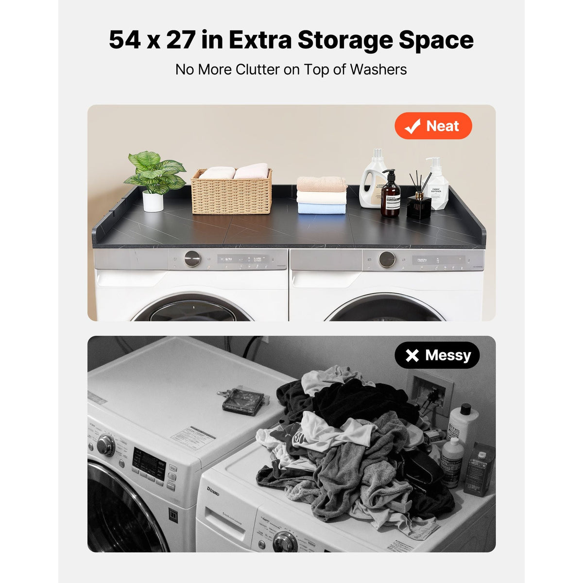 Washer Dryer Countertop, 54 x 27.5 in Marble Washer and Dryer Topper with Edge & 2 Hooks, Water-Resistant Laundry Machine Topper for Laundry Closet Pantry Counter Organization and Storage, Black