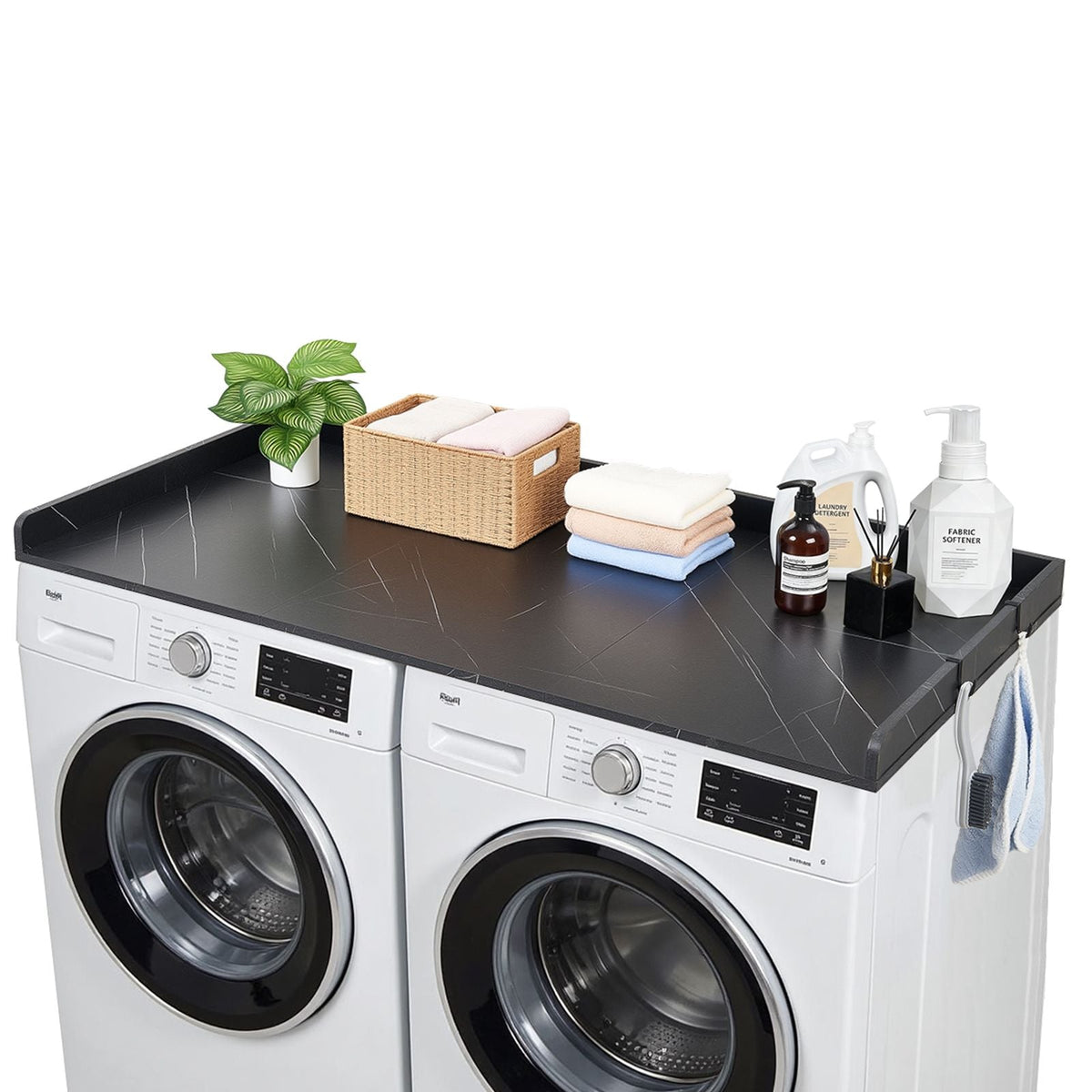 Washer Dryer Countertop, 54 x 27.5 in Marble Washer and Dryer Topper with Edge & 2 Hooks, Water-Resistant Laundry Machine Topper for Laundry Closet Pantry Counter Organization and Storage, Black