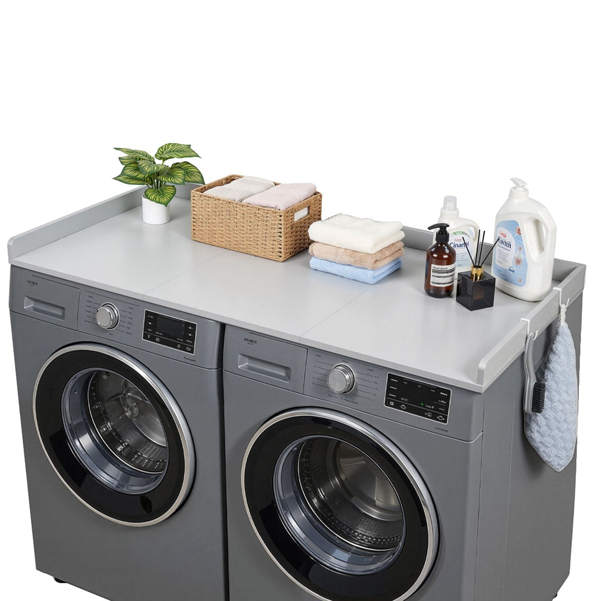 Washer Dryer Countertop, 54 x 27.5 in Wooden Washer and Dryer Topper with Edge & 2 Hooks, Water-Resistant Laundry Machine Topper for Laundry Closet Pantry Counter Organization and Storage, Gray