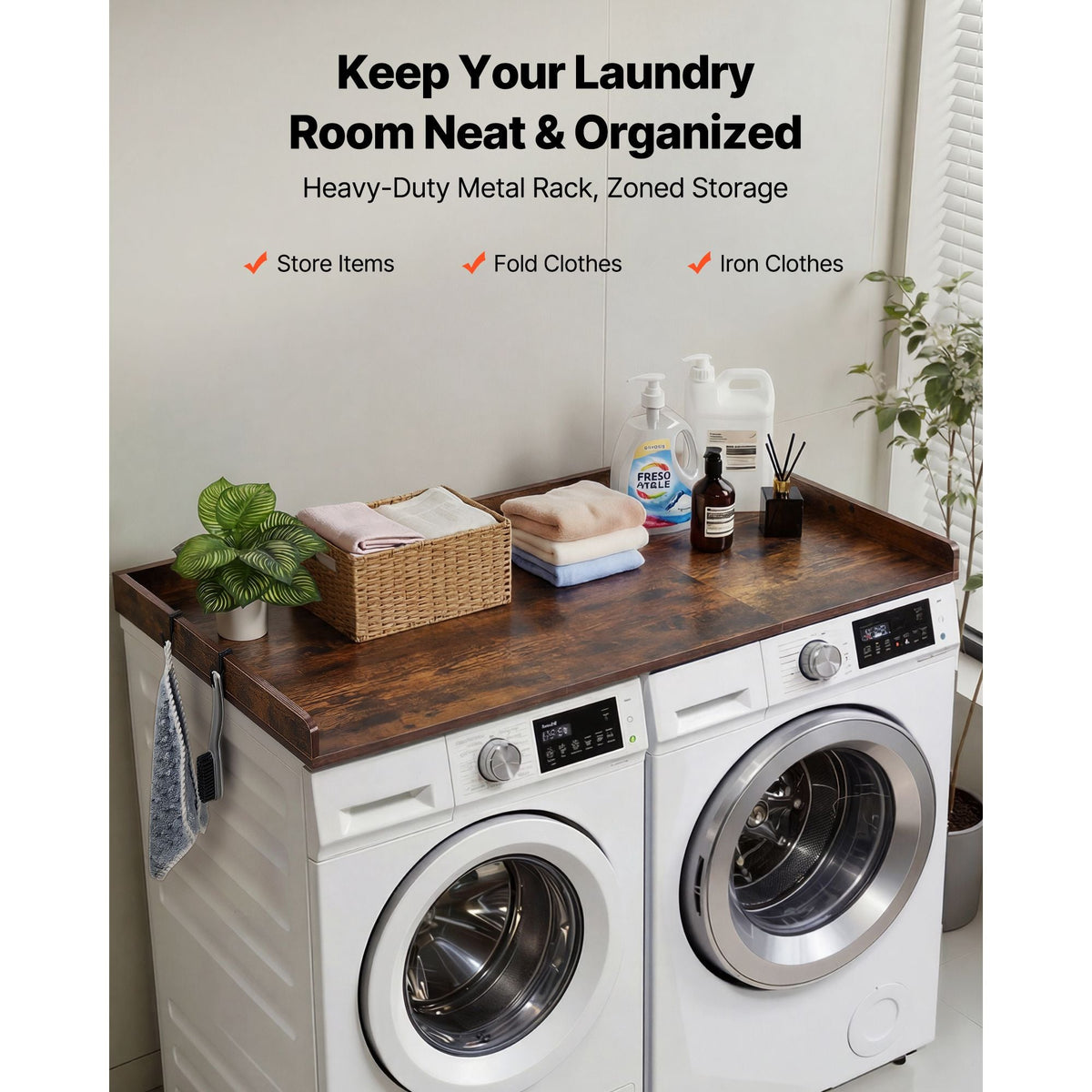 Washer Dryer Countertop, 54 x 27.5 in Wooden Washer and Dryer Topper with Edge & 2 Hooks, Water-Resistant Laundry Machine Topper for Laundry Closet Pantry Counter Organization and Storage, Brown
