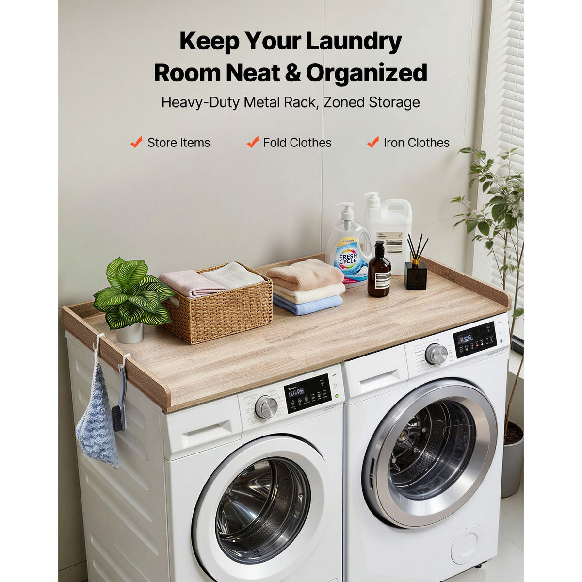 Washer Dryer Countertop, 54 x 27.5 in Wooden Washer and Dryer Topper with Edge & 2 Hooks, Water-Resistant Laundry Machine Topper for Laundry Closet Pantry Counter Organization and Storage, Oak