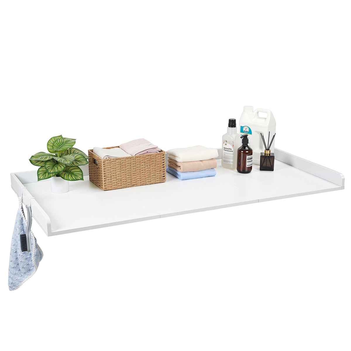 Washer Dryer Countertop, 54 x 27.5 in Wooden Washer and Dryer Topper with Edge & 2 Hooks, Water-Resistant Laundry Machine Topper for Laundry Closet Pantry Counter Organization and Storage, White