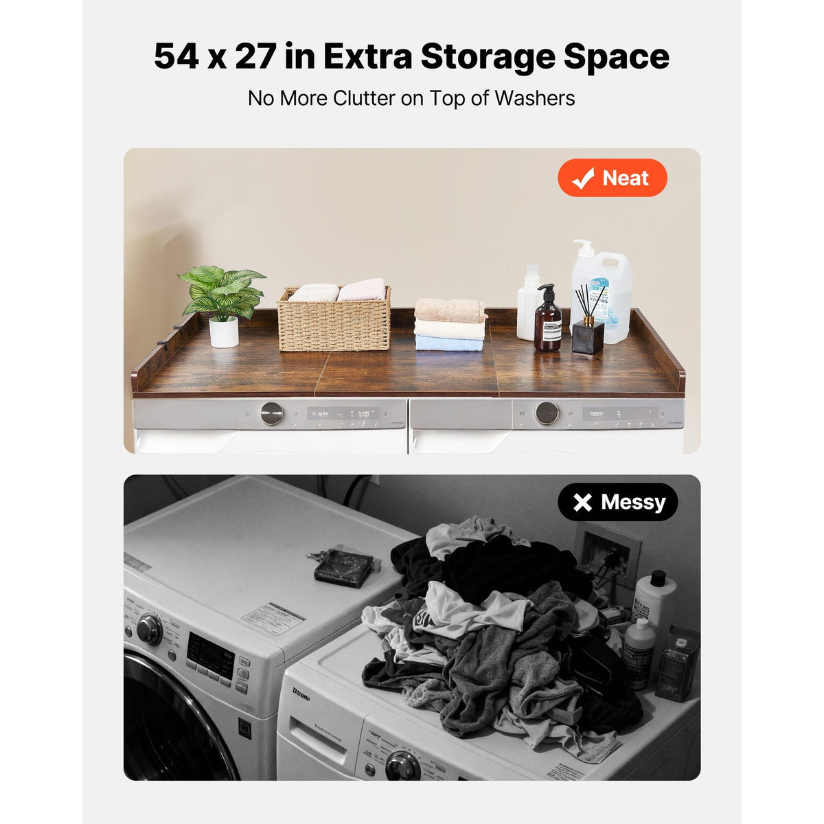 Washer Dryer Countertop, 54 x 27.5 in Wooden Washer and Dryer Topper with Edge & 2 Hooks, Water-Resistant Laundry Machine Topper for Laundry Closet Pantry Counter Organization and Storage, Brown