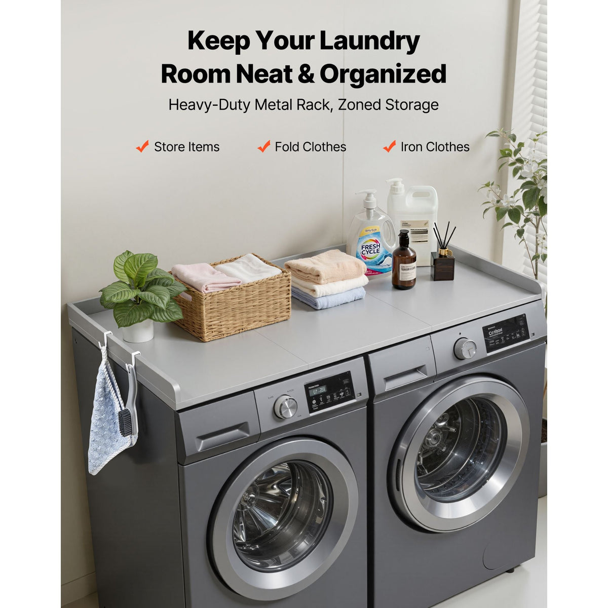 Washer Dryer Countertop, 54 x 27.5 in Wooden Washer and Dryer Topper with Edge & 2 Hooks, Water-Resistant Laundry Machine Topper for Laundry Closet Pantry Counter Organization and Storage, Gray
