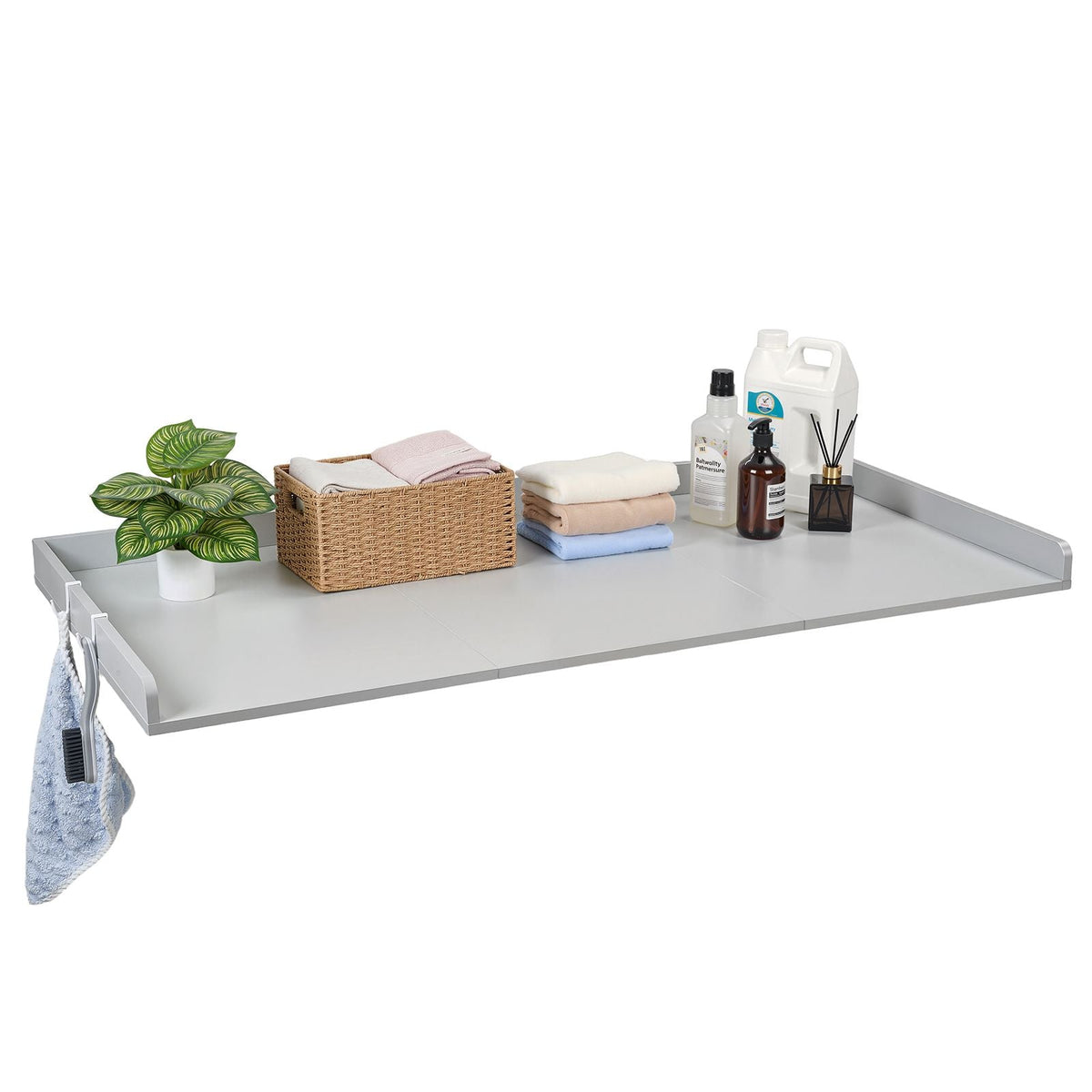 Washer Dryer Countertop, 54 x 27.5 in Wooden Washer and Dryer Topper with Edge & 2 Hooks, Water-Resistant Laundry Machine Topper for Laundry Closet Pantry Counter Organization and Storage, Gray