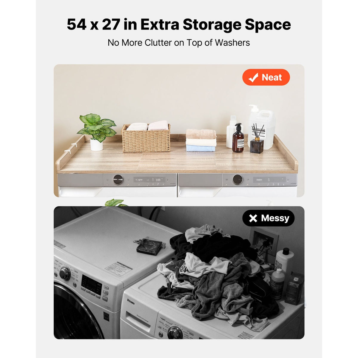 Washer Dryer Countertop, 54 x 27.5 in Wooden Washer and Dryer Topper with Edge & 2 Hooks, Water-Resistant Laundry Machine Topper for Laundry Closet Pantry Counter Organization and Storage, Oak