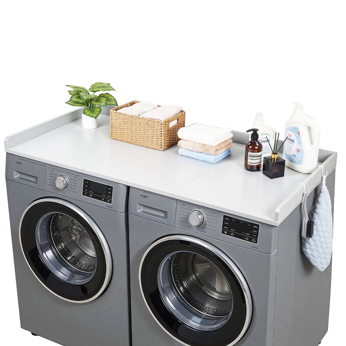 Washer Dryer Countertop, 54 x 27.5 in Wooden Washer and Dryer Topper with Edge & 2 Hooks, Water-Resistant Laundry Machine Topper for Laundry Closet Pantry Counter Organization and Storage, White