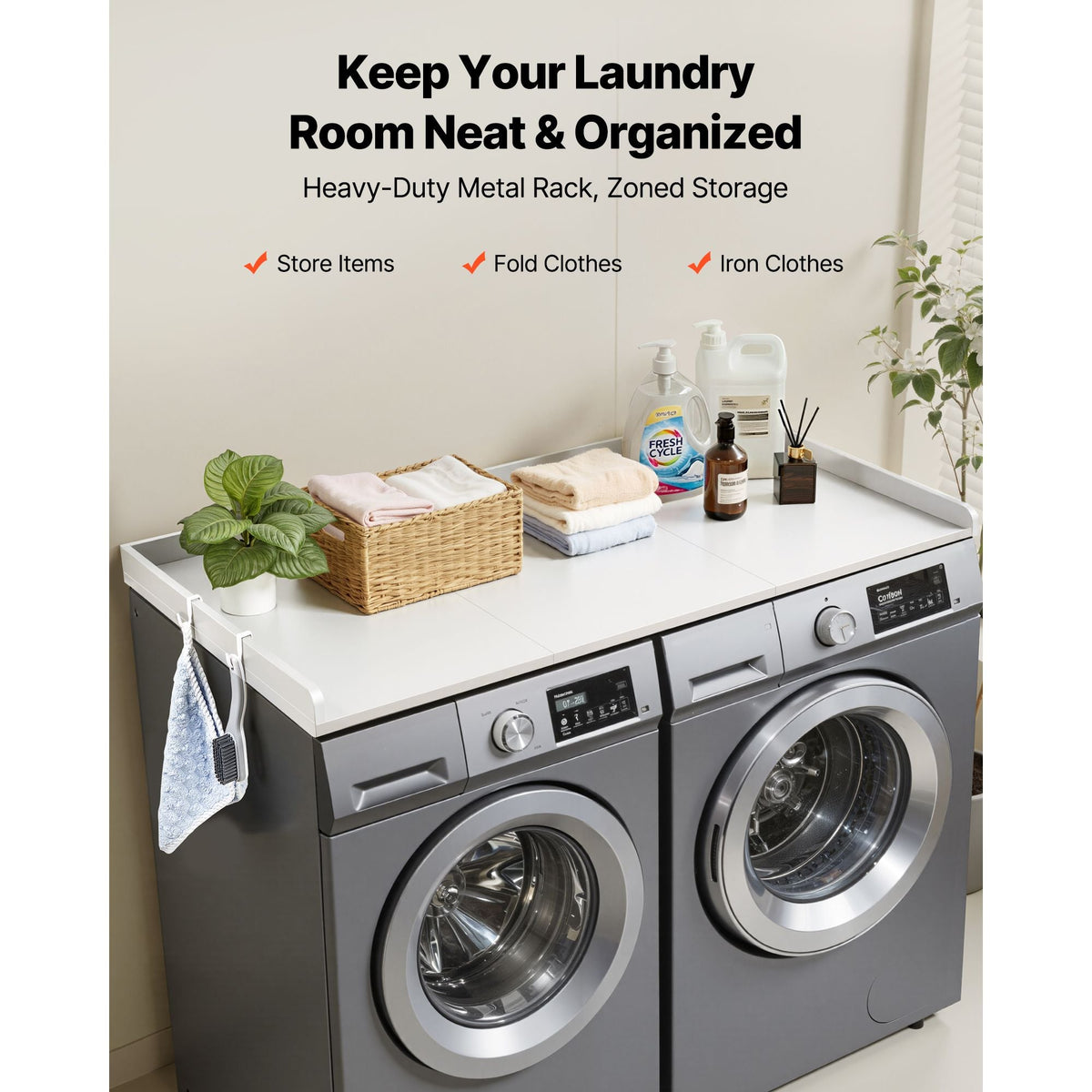 Washer Dryer Countertop, 54 x 27.5 in Wooden Washer and Dryer Topper with Edge & 2 Hooks, Water-Resistant Laundry Machine Topper for Laundry Closet Pantry Counter Organization and Storage, White