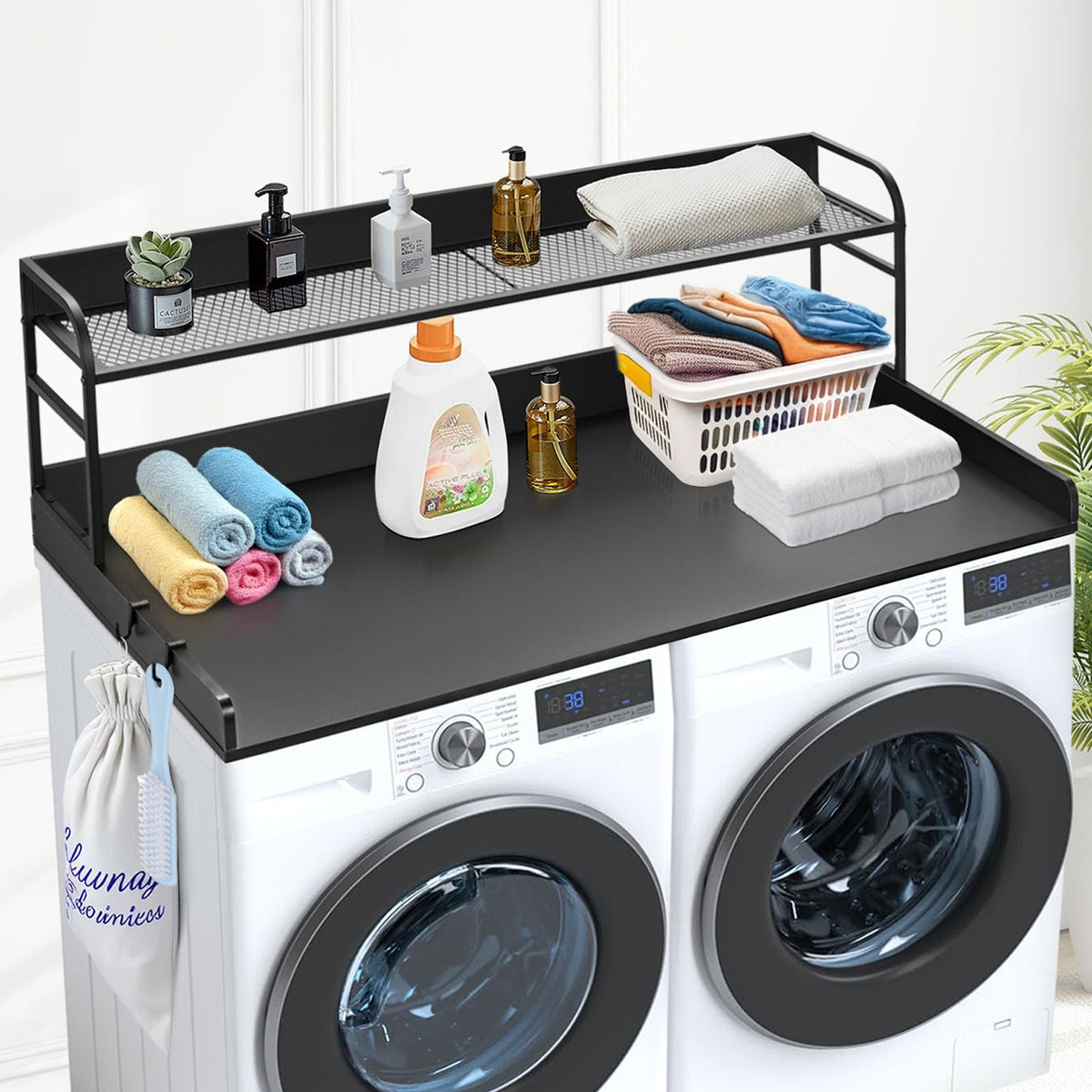 Washer Dryer Countertop with 2-Tier Shelf, 54" x 27" Wooden Washer and Dryer Countertop with Anti-Slip Pads, Water-Resistant Laundry Topper Cover for Laundry Room Organization and Storage, Black