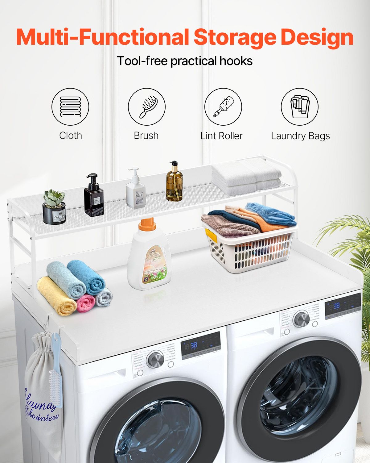 Washer Dryer Countertop with 2-Tier Shelf, 54" x 27" Wooden Washer and Dryer Countertop with Anti-Slip Pads, Water-Resistant Laundry Topper Cover for Laundry Room Organization and Storage, White