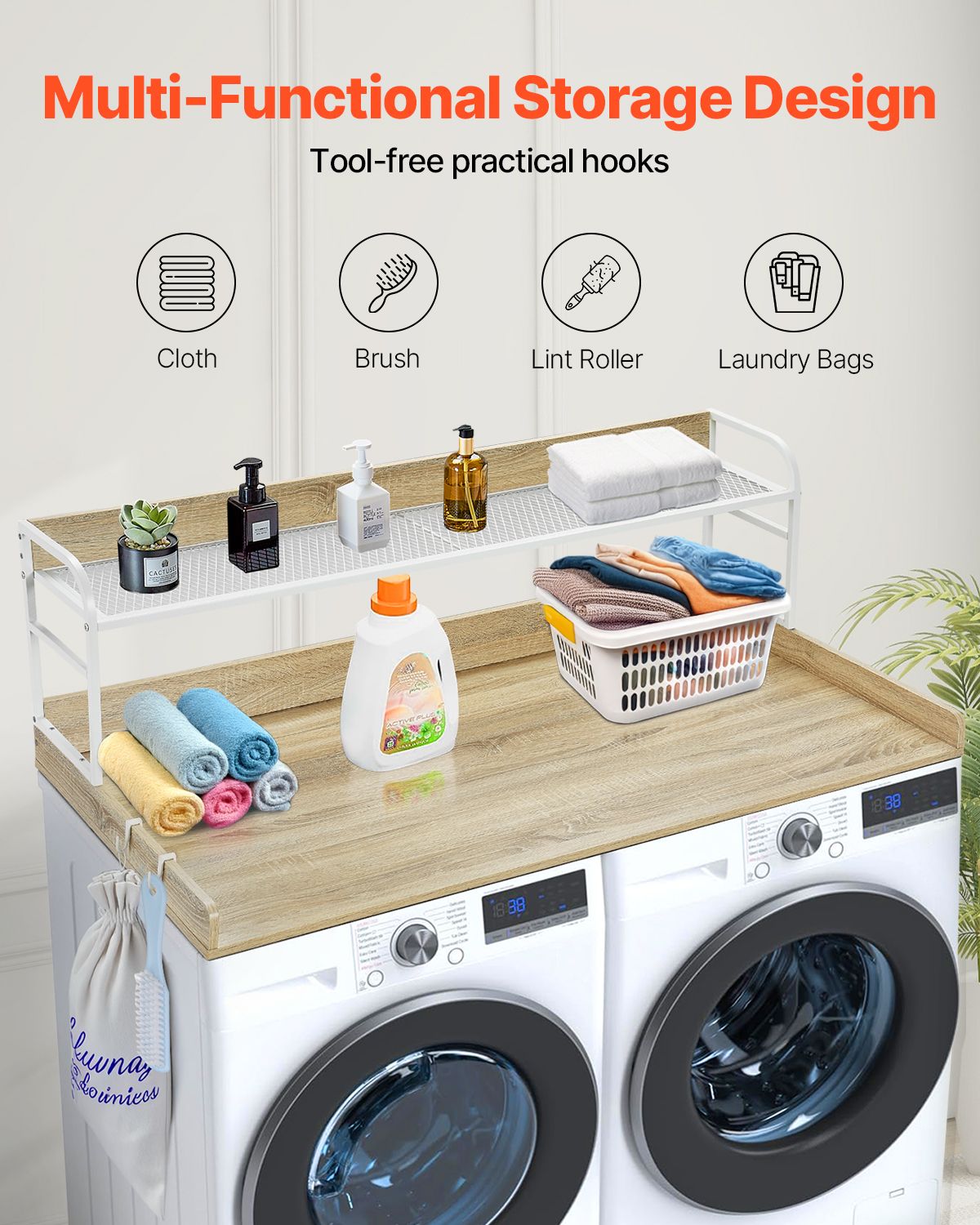 Washer Dryer Countertop with 2-Tier Shelf, 54" x 27" Wooden Washer and Dryer Countertop with Anti-Slip Pads, Water-Resistant Laundry Topper Cover for Laundry Room Organization and Storage, Oak