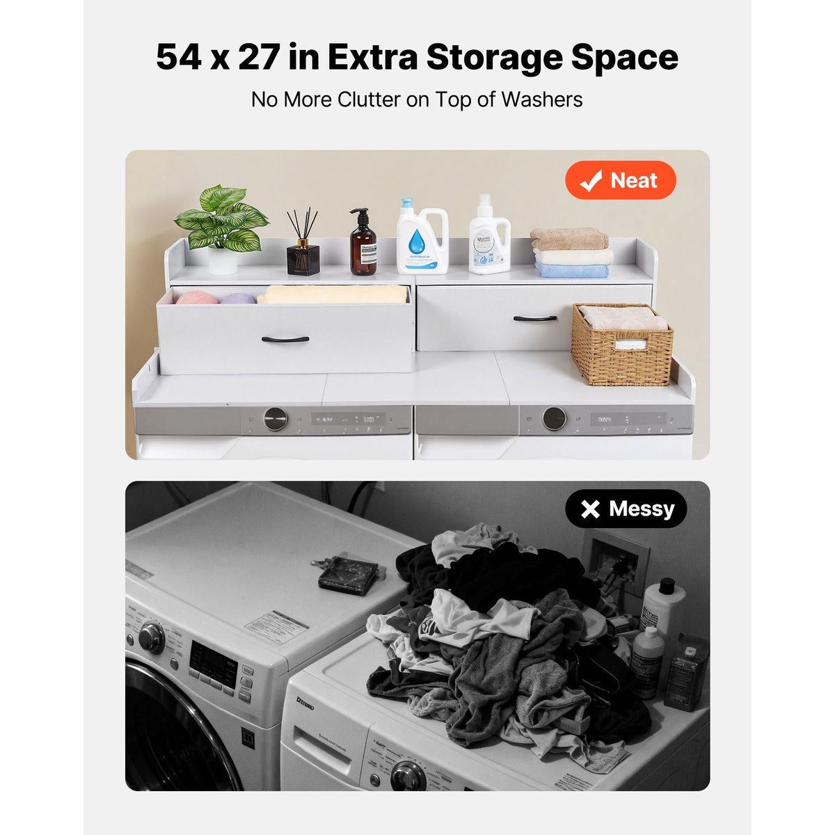 Washer Dryer Countertop with Shelf, 54 x 27.5 in Wooden Washer and Dryer Topper with 2 Drawers & 2 Hooks, Laundry Machine Topper for Laundry Closet Pantry Counter Organization and Storage, White