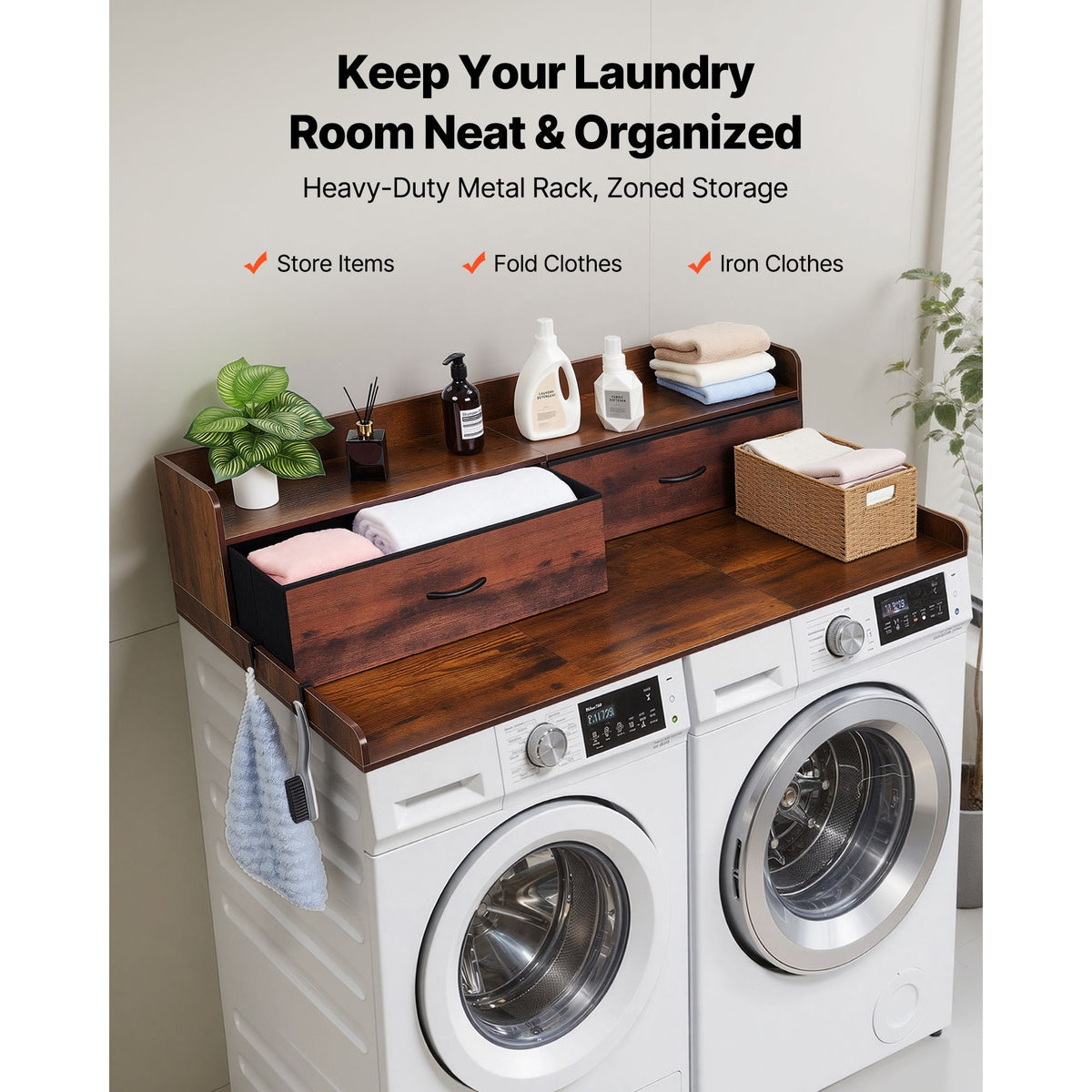 Washer Dryer Countertop with Shelf, 54 x 27.5 in Wooden Washer and Dryer Topper with 2 Drawers & 2 Hooks, Laundry Machine Topper for Laundry Closet Pantry Counter Organization and Storage, Brown