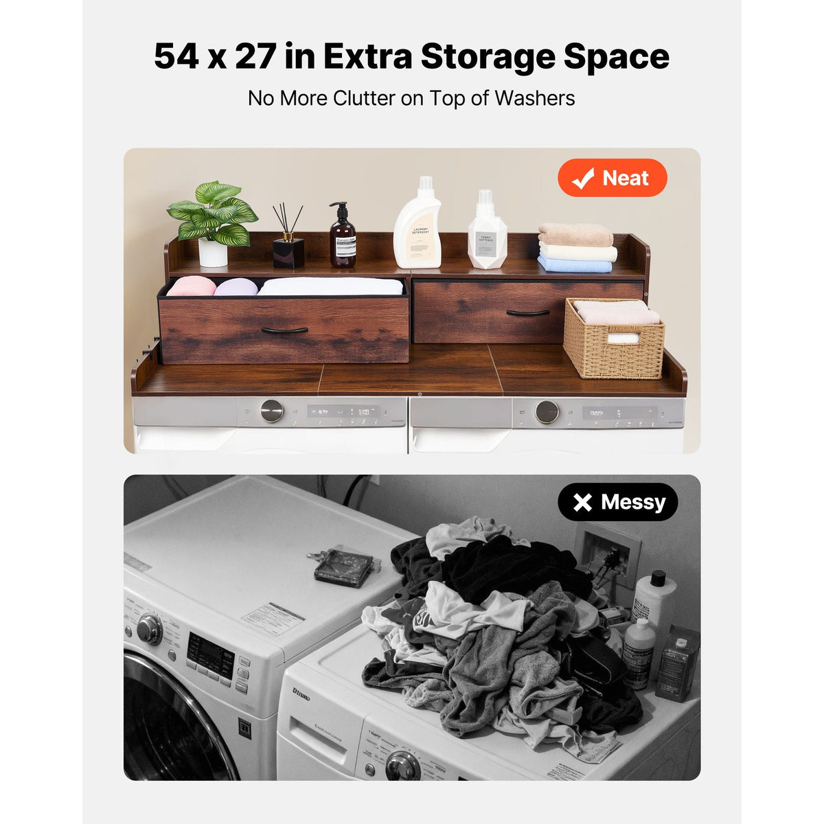 Washer Dryer Countertop with Shelf, 54 x 27.5 in Wooden Washer and Dryer Topper with 2 Drawers & 2 Hooks, Laundry Machine Topper for Laundry Closet Pantry Counter Organization and Storage, Brown