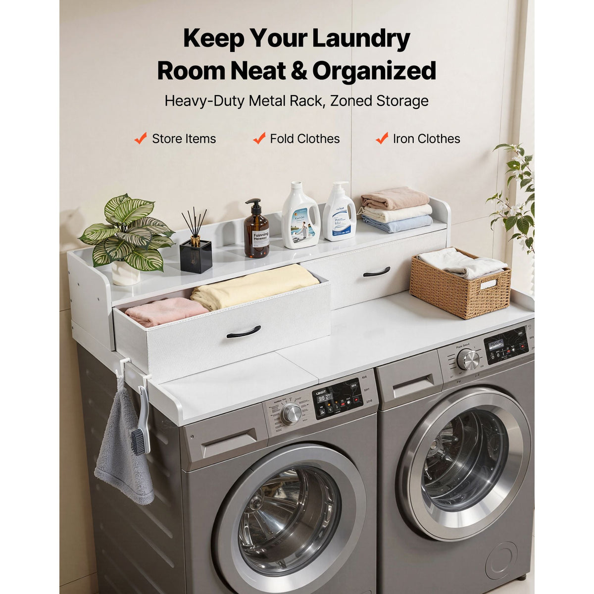 Washer Dryer Countertop with Shelf, 54 x 27.5 in Wooden Washer and Dryer Topper with 2 Drawers & 2 Hooks, Laundry Machine Topper for Laundry Closet Pantry Counter Organization and Storage, White