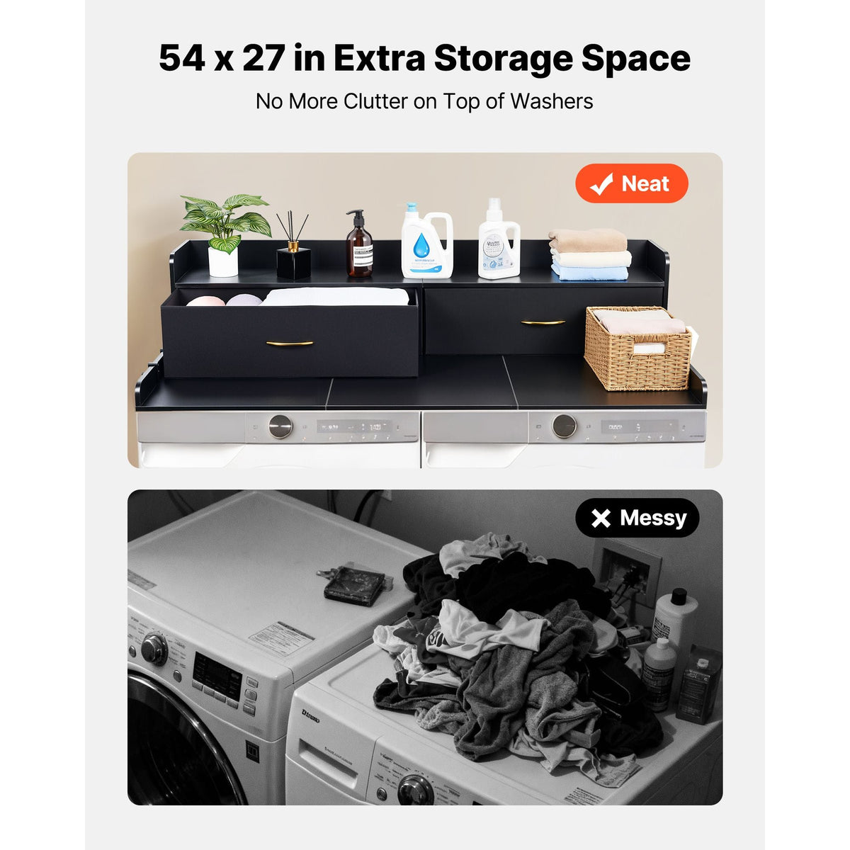 Washer Dryer Countertop with Shelf, 54 x 27.5 in Wooden Washer and Dryer Topper with 2 Drawers & 2 Hooks, Laundry Machine Topper for Laundry Closet Pantry Counter Organization and Storage, Black