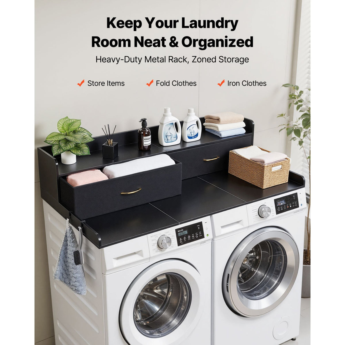 Washer Dryer Countertop with Shelf, 54 x 27.5 in Wooden Washer and Dryer Topper with 2 Drawers & 2 Hooks, Laundry Machine Topper for Laundry Closet Pantry Counter Organization and Storage, Black