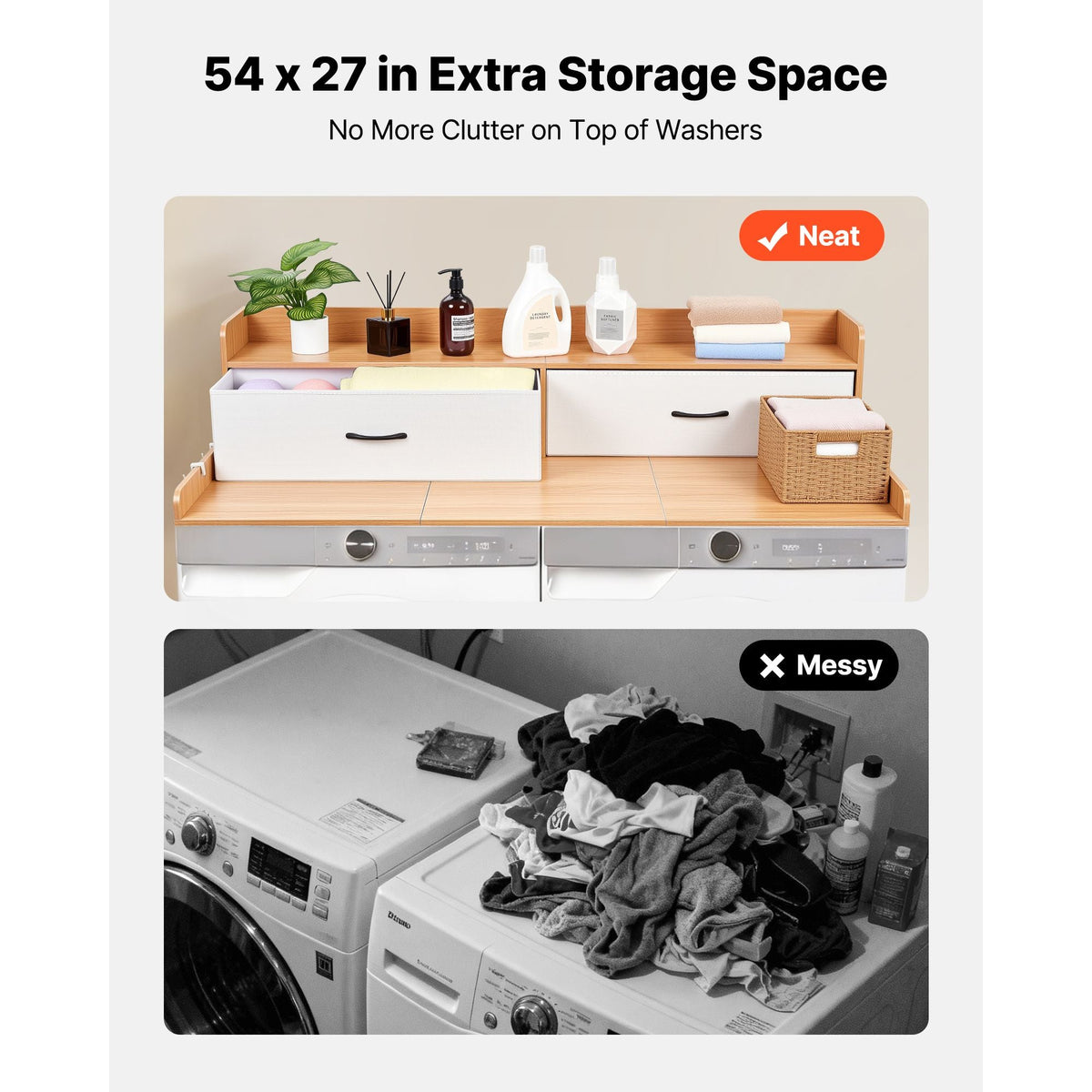 Washer Dryer Countertop with Shelf, 54 x 27.5 in Wooden Washer and Dryer Topper with 2 Drawers & 2 Hooks, Laundry Machine Topper for Laundry Closet Pantry Counter Organization and Storage, Burlywood