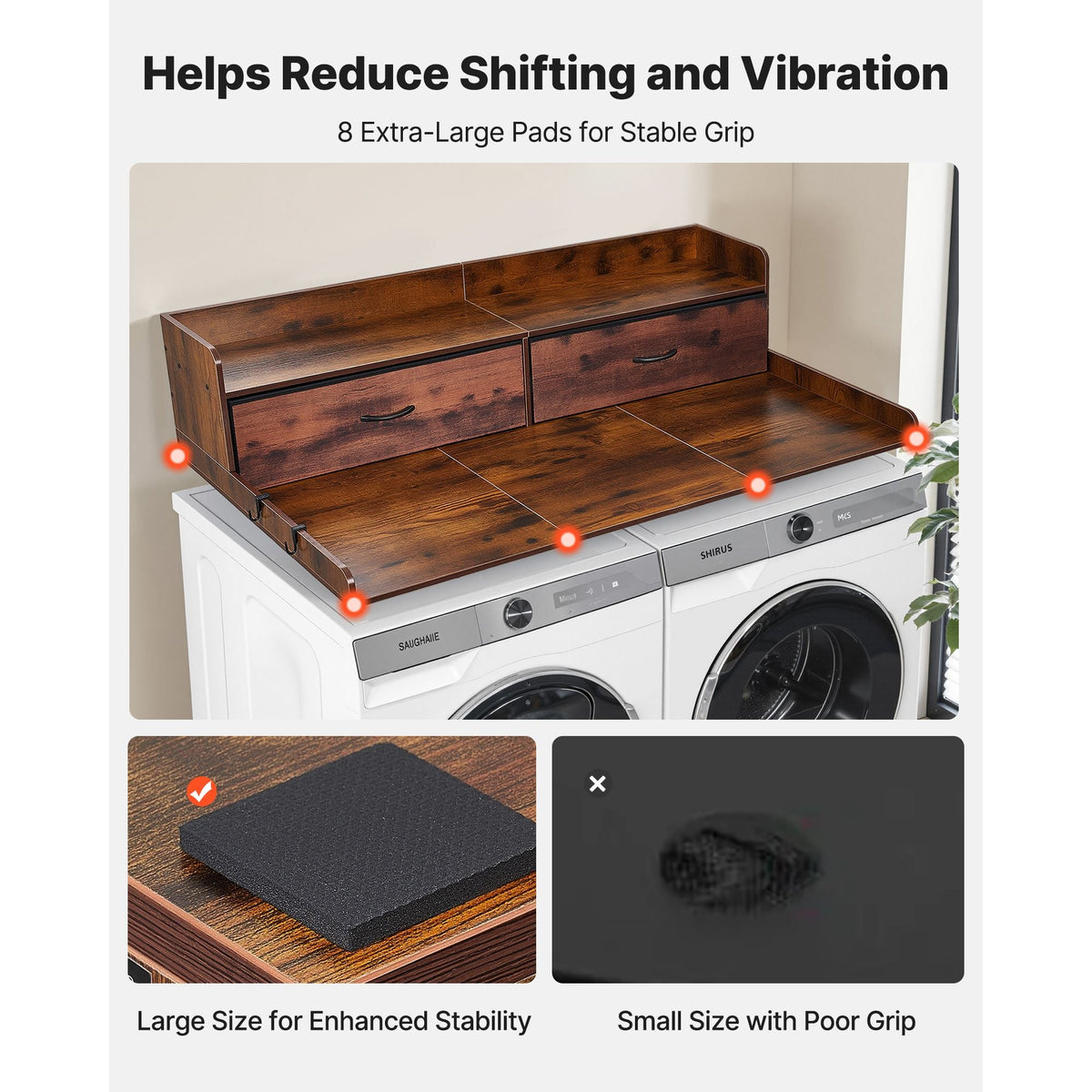 Washer Dryer Countertop with Shelf, 54 x 27.5 in Wooden Washer and Dryer Topper with 2 Drawers & 2 Hooks, Laundry Machine Topper for Laundry Closet Pantry Counter Organization and Storage, Brown