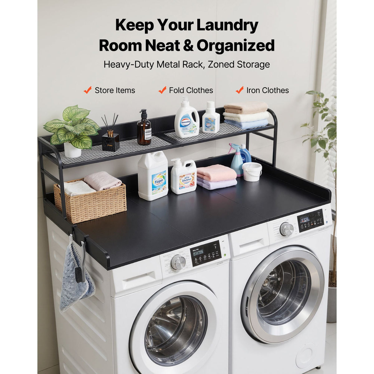Washer Dryer Countertop with Shelf, 54 x 27.5 in Wooden Washer and Dryer Topper with Edge and 2 Hooks, Laundry Machine Topper for Laundry Closet Pantry Counter Organization and Storage, Black