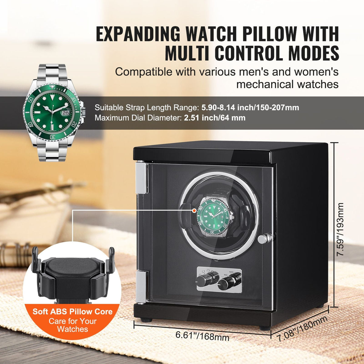Watch Winder, Single Watch Winder for Men's and Women's Automatic Watch, with Super Quiet Japanese Mabuchi Motor, Blue LED Light and Adapter, High-Density Board Shell and Black PU