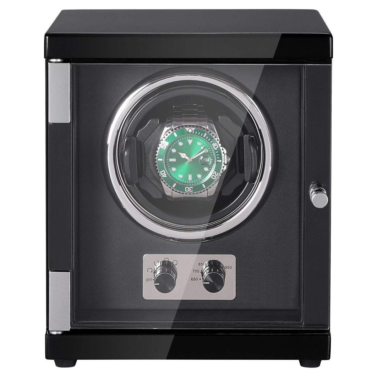 Watch Winder, Single Watch Winder for Men's and Women's Automatic Watch, with Super Quiet Japanese Mabuchi Motor, Blue LED Light and Adapter, High-Density Board Shell and Black PU