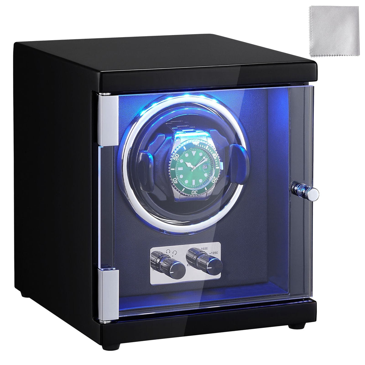 Watch Winder, Single Watch Winder for Men's and Women's Automatic Watch, with Super Quiet Japanese Mabuchi Motor, Blue LED Light and Adapter, High-Density Board Shell and Black PU