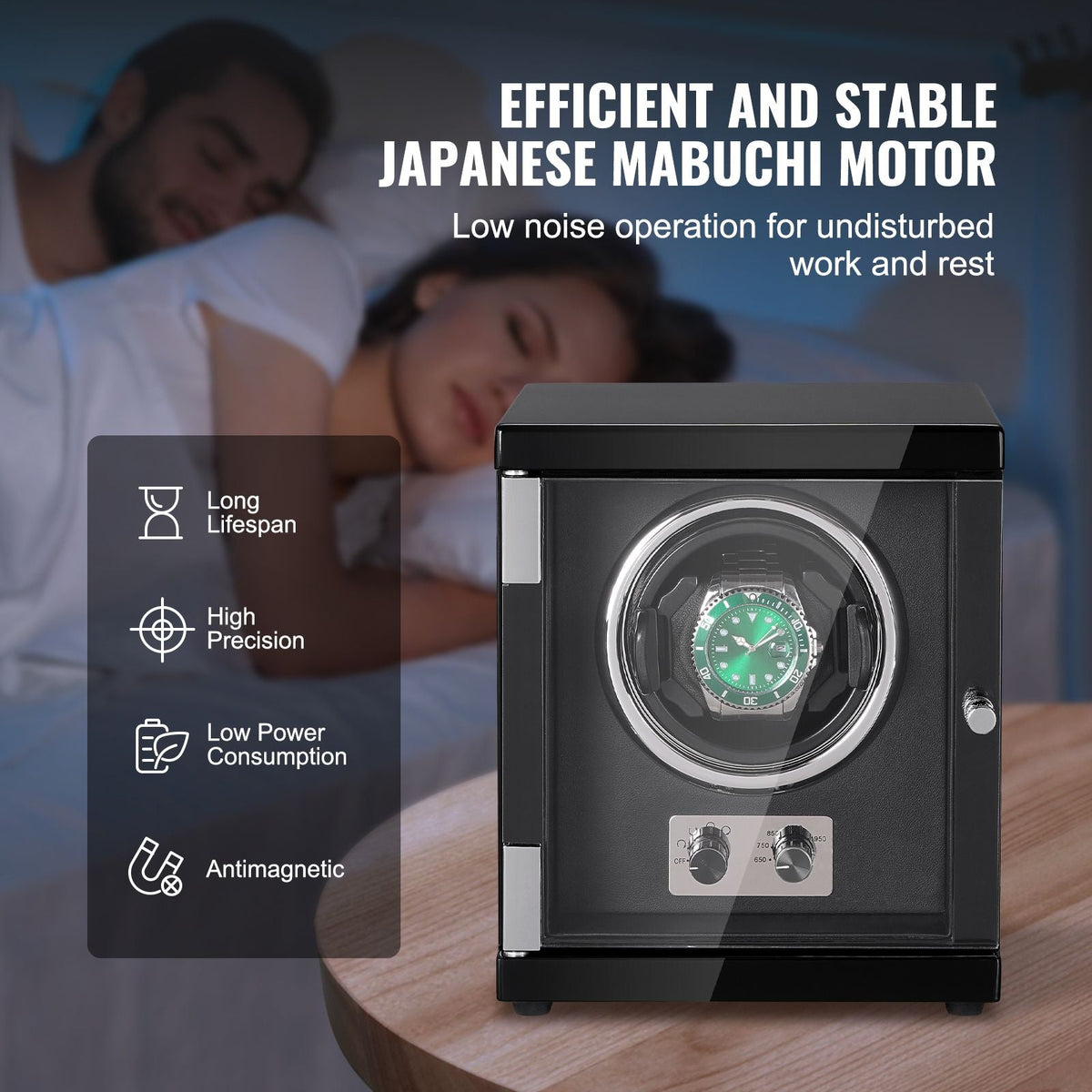Watch Winder, Single Watch Winder for Men's and Women's Automatic Watch, with Super Quiet Japanese Mabuchi Motor, Blue LED Light and Adapter, High-Density Board Shell and Black PU