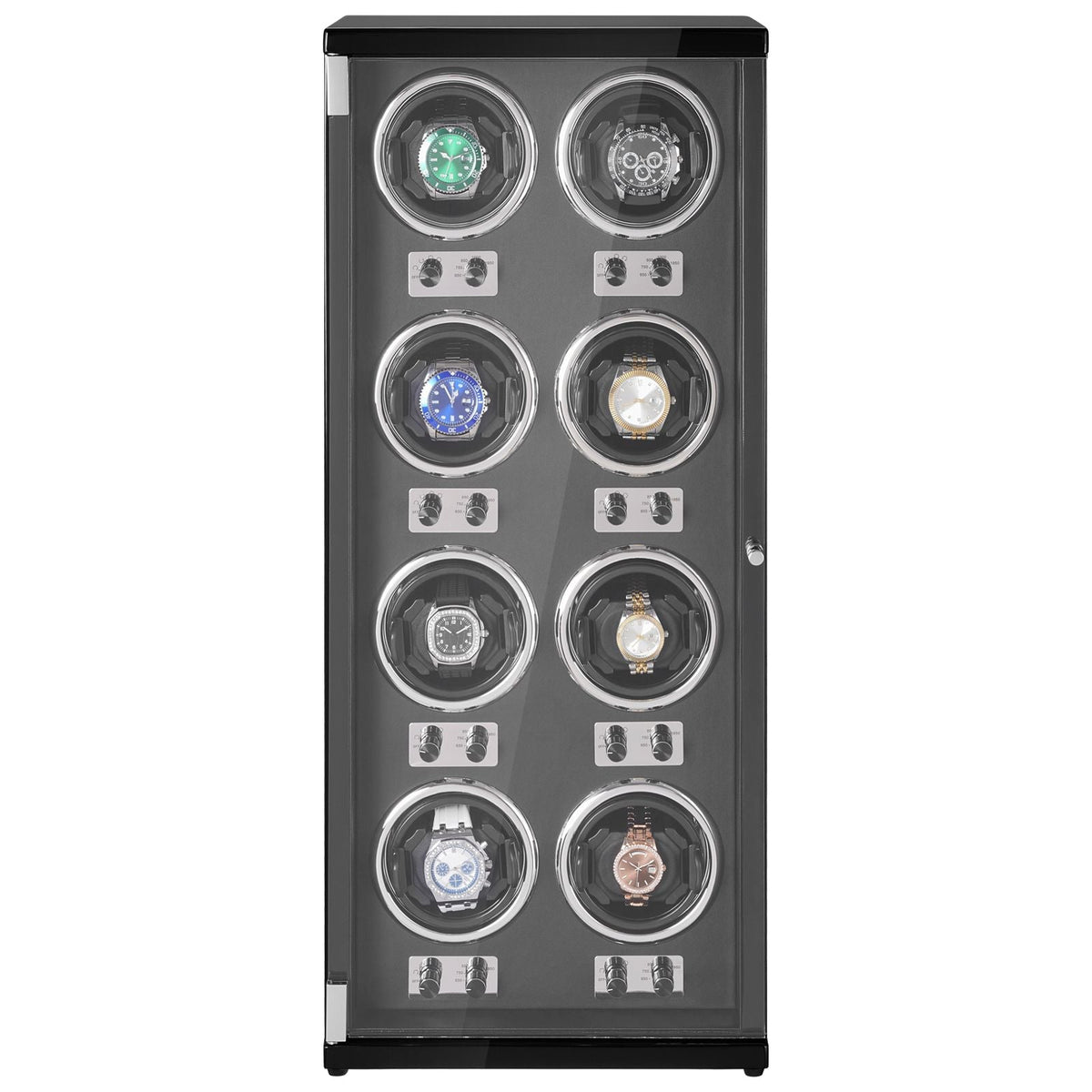 Watch Winder, Watch Winder for 8 Men's and Women's Automatic Watches, with 8 Super Quiet Japanese Mabuchi Motors, Blue LED Light and Adapter, High-Density Board Shell and Black PU