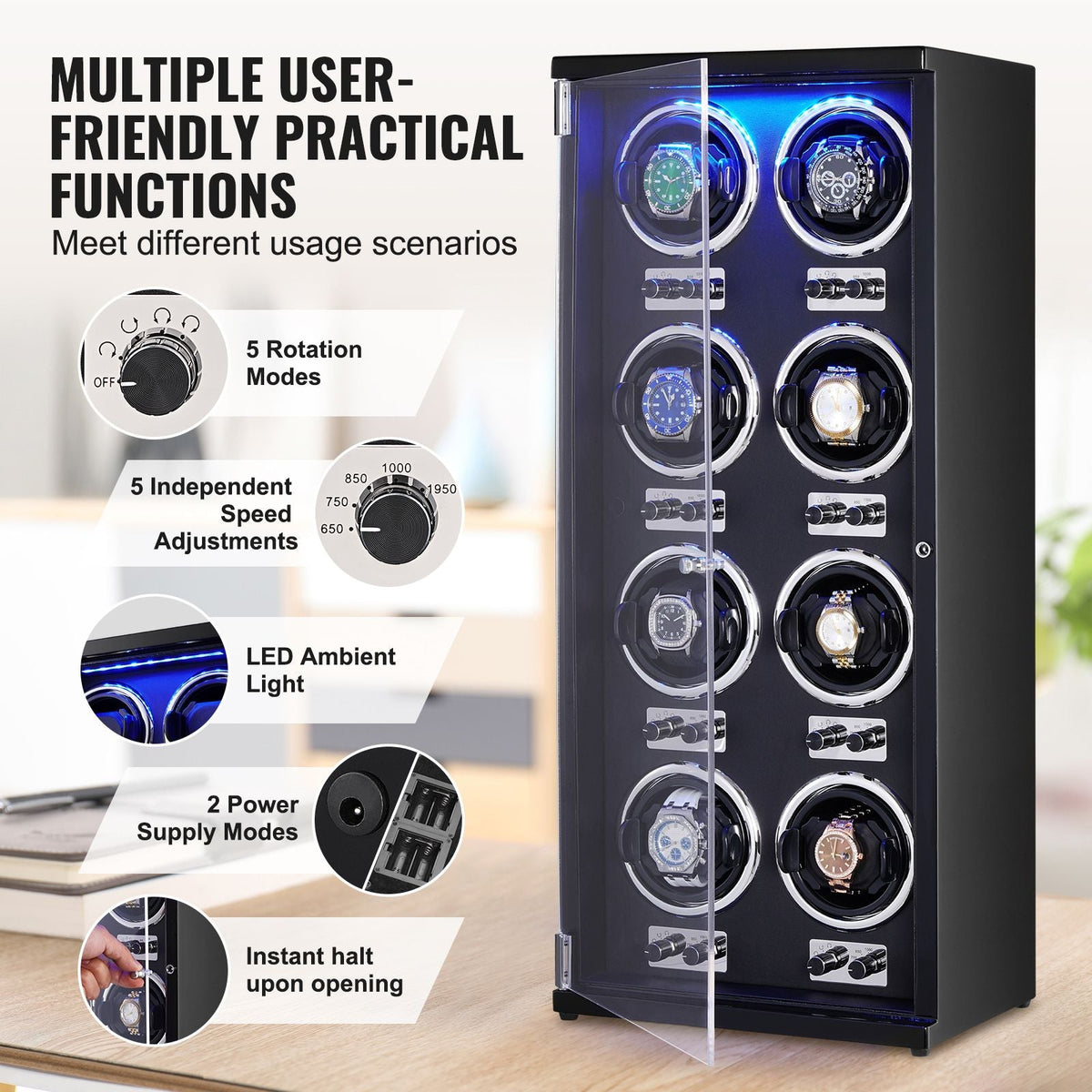 Watch Winder, Watch Winder for 8 Men's and Women's Automatic Watches, with 8 Super Quiet Japanese Mabuchi Motors, Blue LED Light and Adapter, High-Density Board Shell and Black PU
