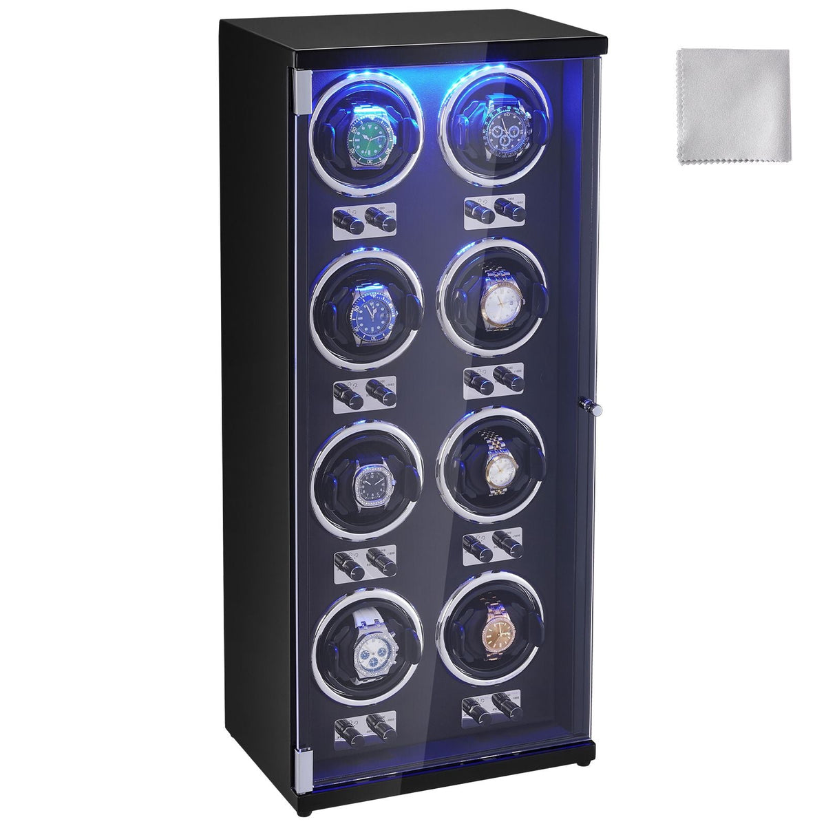 Watch Winder, Watch Winder for 8 Men's and Women's Automatic Watches, with 8 Super Quiet Japanese Mabuchi Motors, Blue LED Light and Adapter, High-Density Board Shell and Black PU