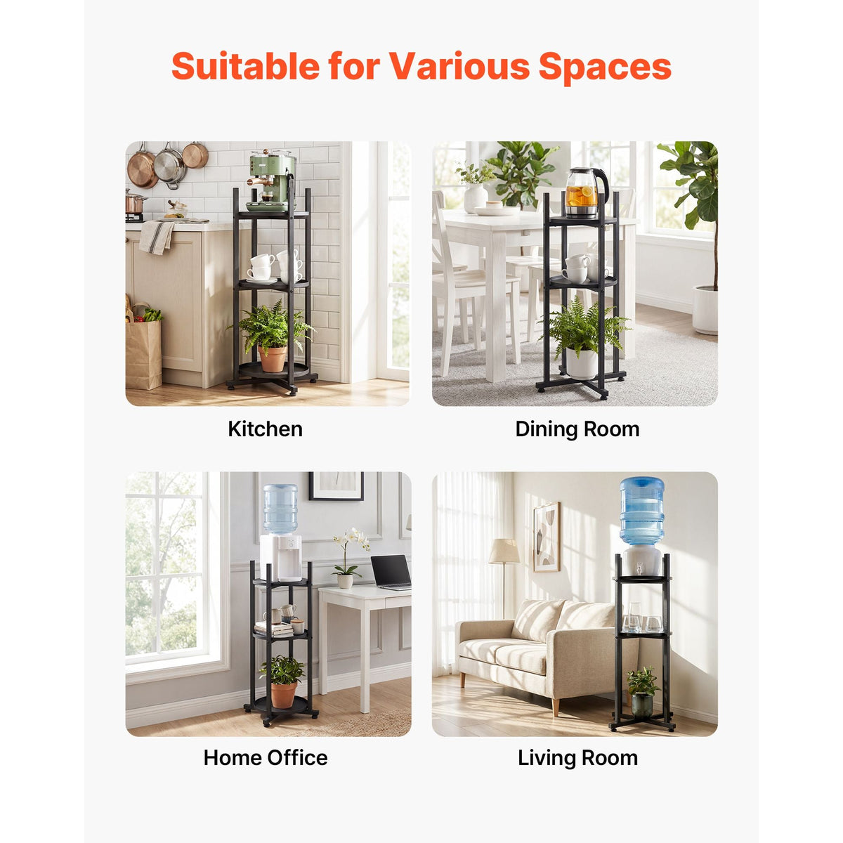 Water Dispenser Stand, 2 Tiers Water Jug Holder for 1 Bottle, Heavy Duty Jug Rack Organizer with Detachable Storage Shelf, Cross-Shaped Stable Base, for Kitchen, Office, Living Room, Black