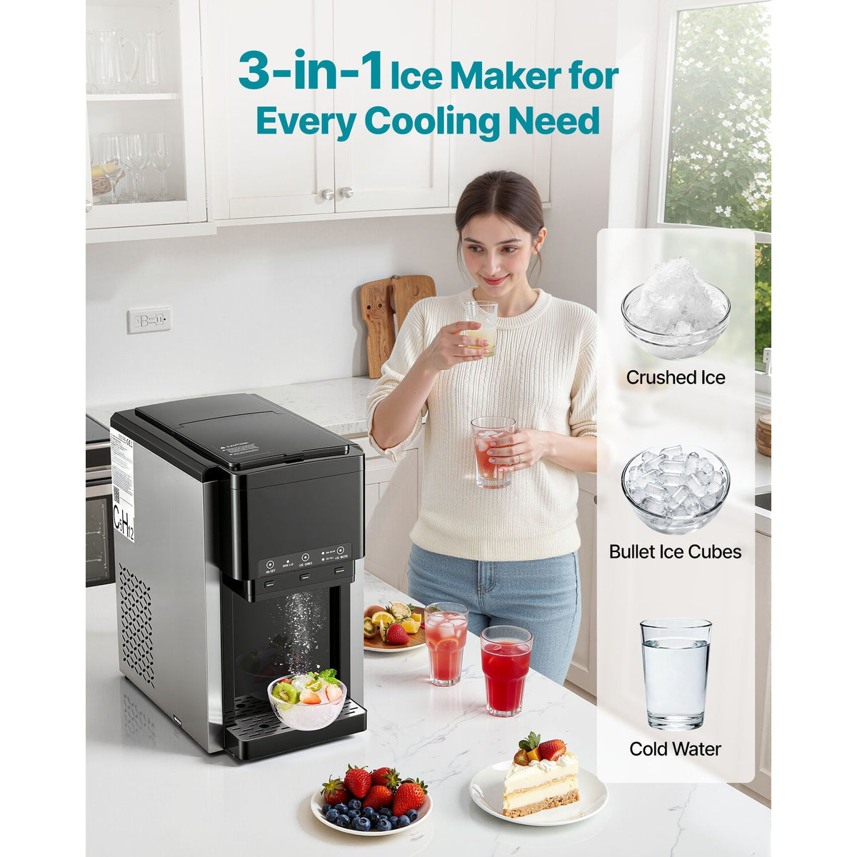 Water Dispenser with Ice Maker, 3-in-1 Countertop Water Dispenser, 35 LBS/24H, 12 Cubes/7 Min Fast Ice Making with 4 LBS Storage, Bullet/Crushed Ices & Cold-Water, for Home, Kitchen, Party