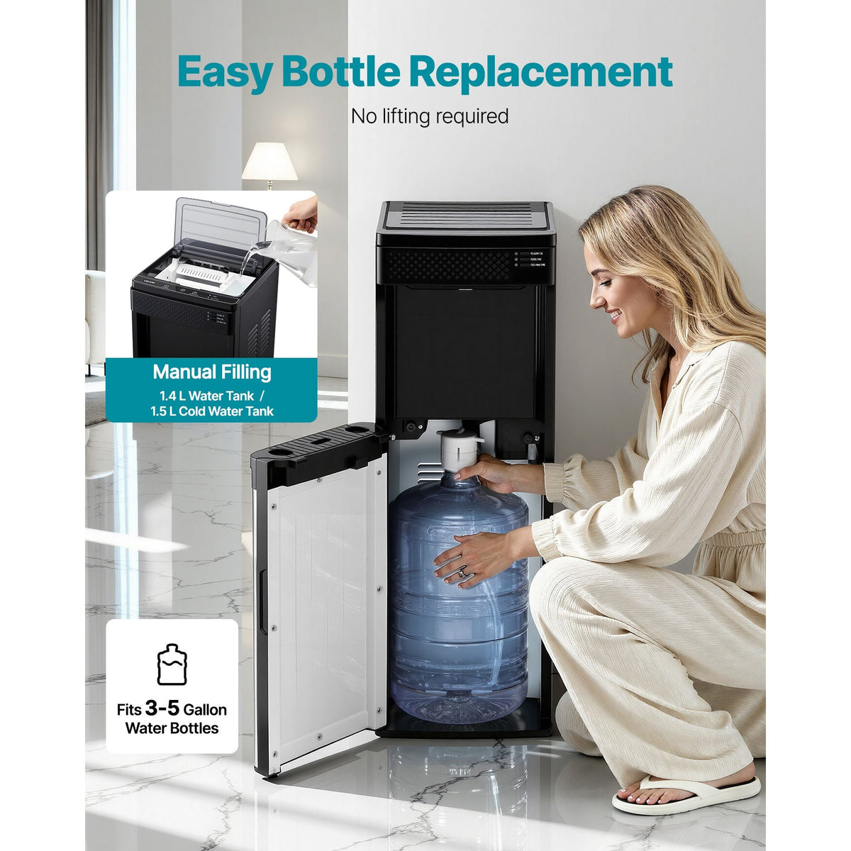 Water Dispenser with Ice Maker, 3-in-1 Floor-Standing Water Dispenser, 33 LBS/24H, 9 Cubes/7 Min Fast Ice Making with 1.3 LBS Storage, Bullet Ice-Cubes & Cold-Water, for Home, Kitchen, Party