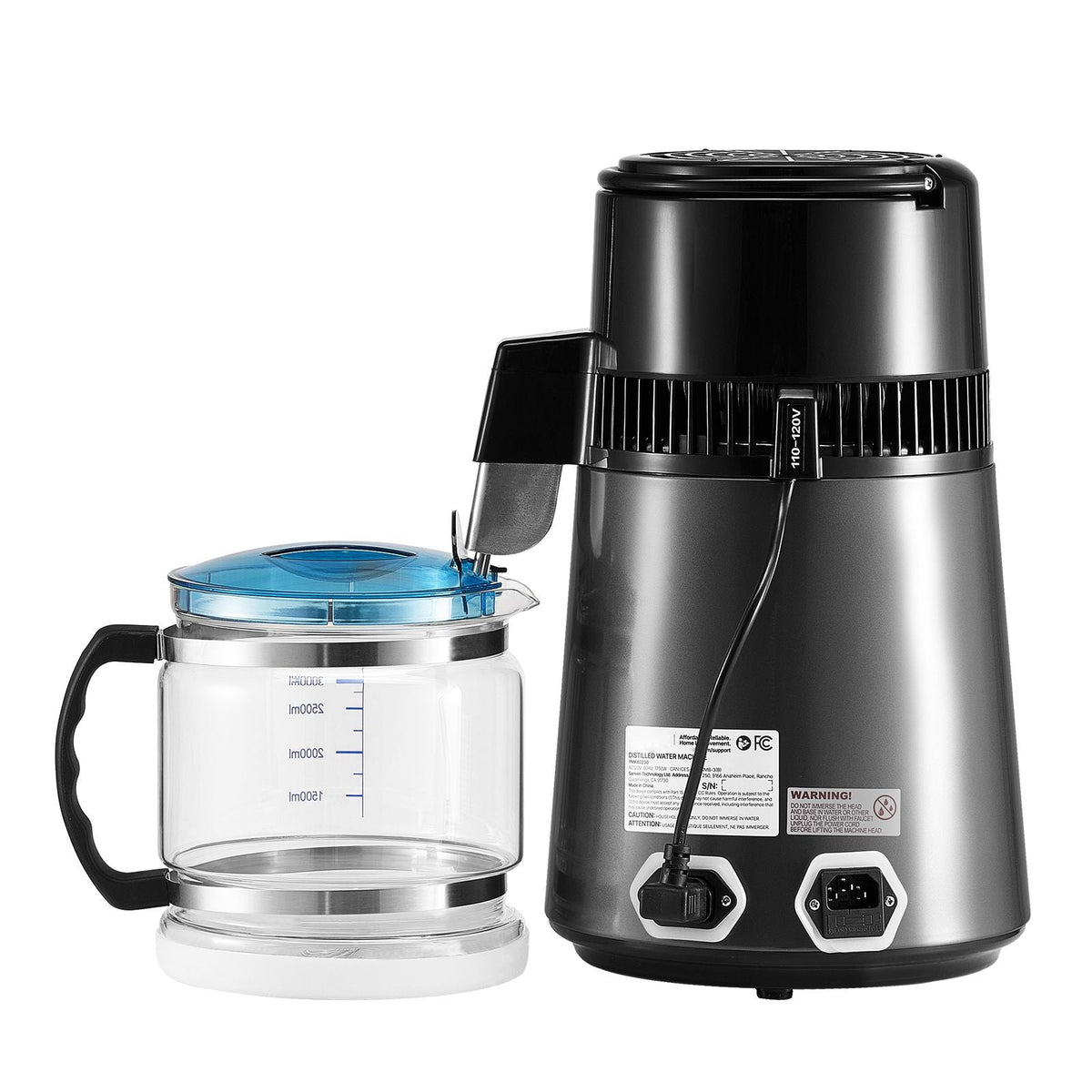 Water Distiller, 4L 1.1 Gallon Pure Water Purifier Filter For Home Table Countertop, 1750W Distilled Maker with Glass Pot, Stainless Steel Interior Drinking Machine to Make Clean Waters, Grey