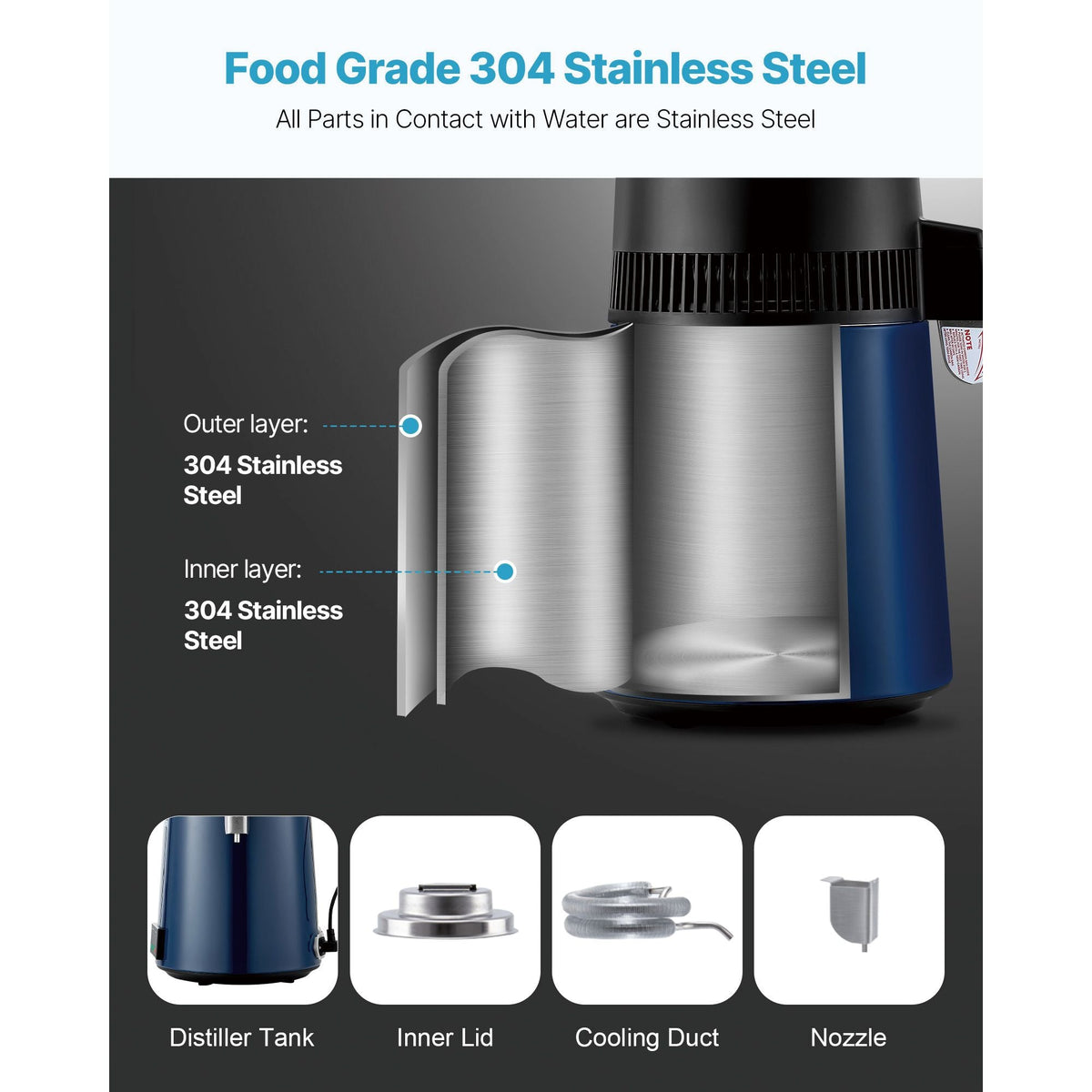 Water Distiller, 6L 1.6 Gallon Larger Pure Water Purifier Filter For Home Table Countertop, 900W Glass Pot Distilled Maker, Stainless Steel Body Drinking Machine to Make Clean Waters, Blue-Black