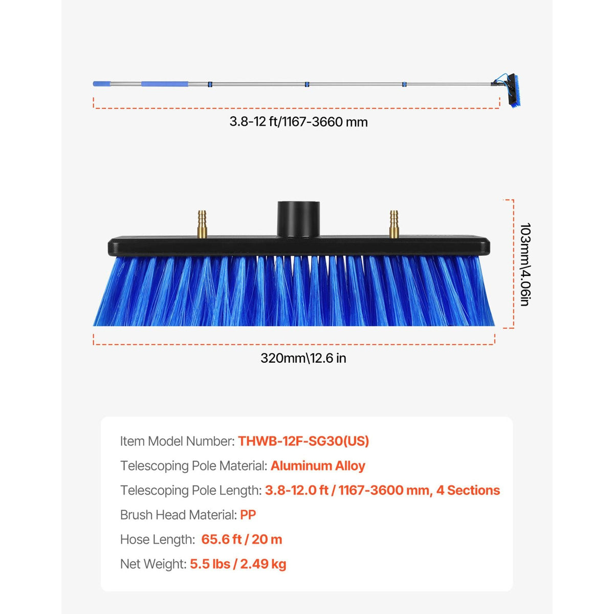 Water Fed Pole Kit, 12FT Solar Panel Cleaning Pole with Extendable Handle, 180° Rotatable Brush Head & 65.6FT Hose, Household & Outdoor Window Cleaner Tool for Caravan Solar Panel Deck