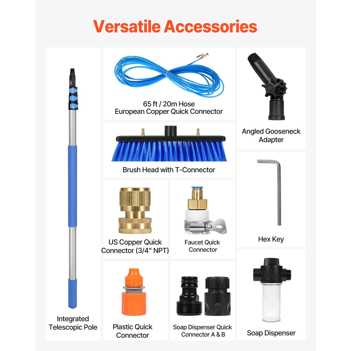 Water Fed Pole Kit, 12FT Solar Panel Cleaning Pole with Extendable Handle, 180° Rotatable Brush Head & 65.6FT Hose, Household & Outdoor Window Cleaner Tool for Caravan Solar Panel Deck