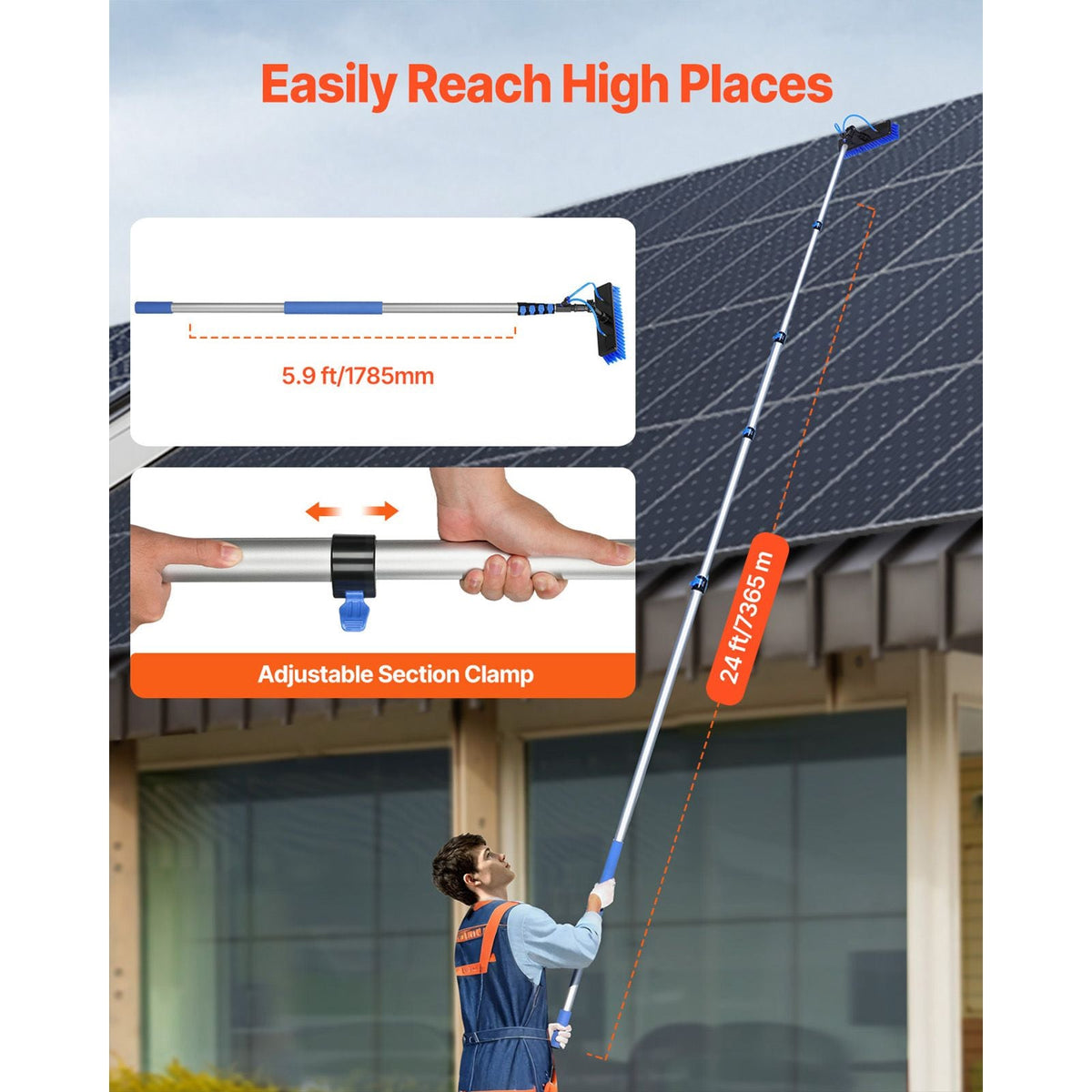 Water Fed Pole Kit, 24FT Solar Panel Cleaning Pole with Extendable Handle, 180° Rotatable Brush Head & 65.6FT Hose, Household & Outdoor Window Cleaner Tool for Caravan Solar Panel Deck