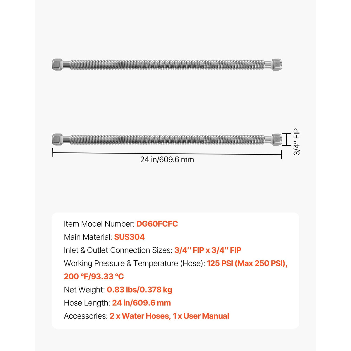 Water Heater Kit, 24 Inch Length Water Heater Flex Connector, Waters Heaters Installation Kit with 3/4" FIP x 3/4" FIP Inlet & Outlet Connection for Bathroom, Kitchen, Laundry Room, Boiler Room