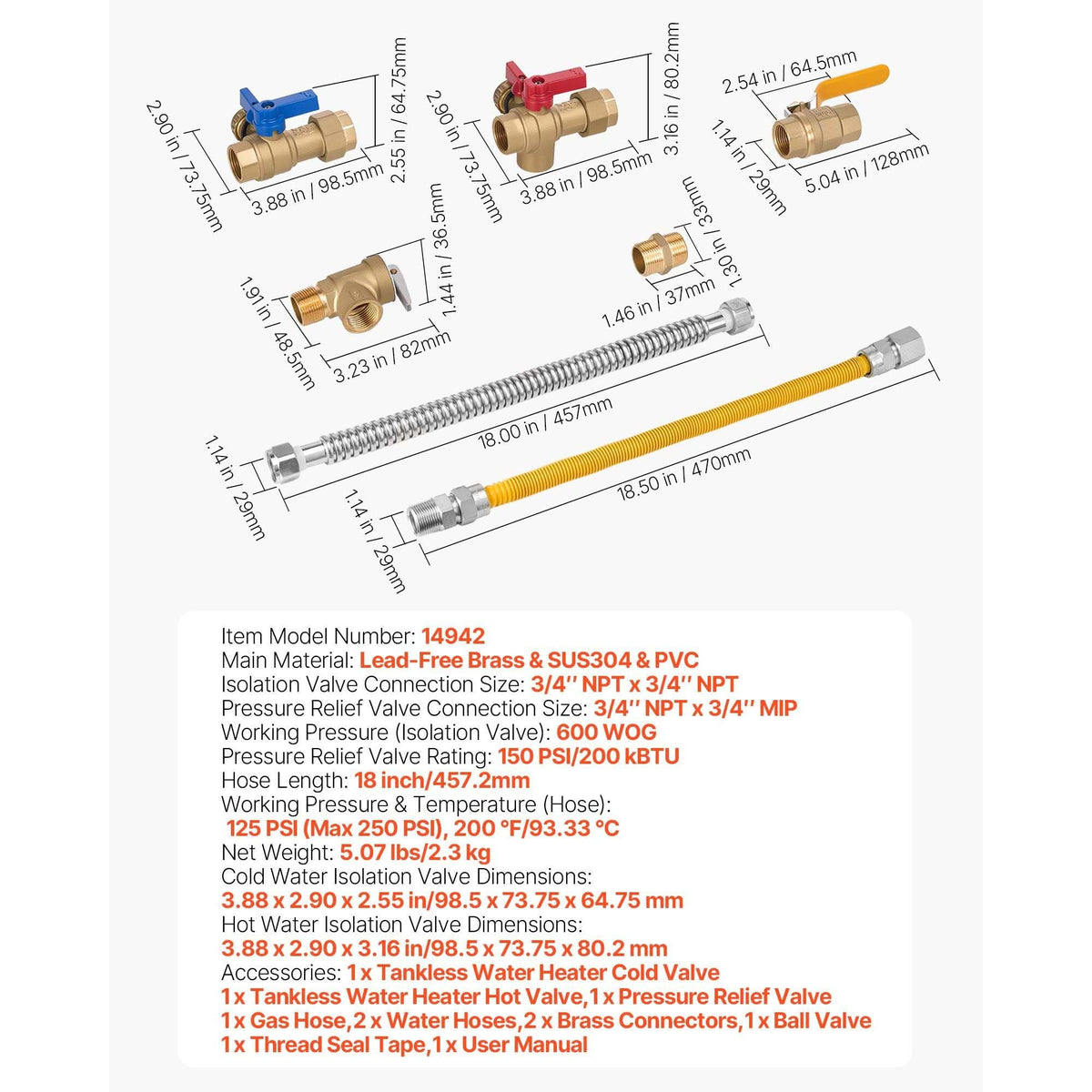 Water Heater Kit, 3/4 Inch Cold & Hot Water Plumbing Repair Kit with 600 WOG Isolation Valves, Pressure Relief Valve, Ball Valve, Gas Hose, Compatible with Most Tankless Waters Heater Brands