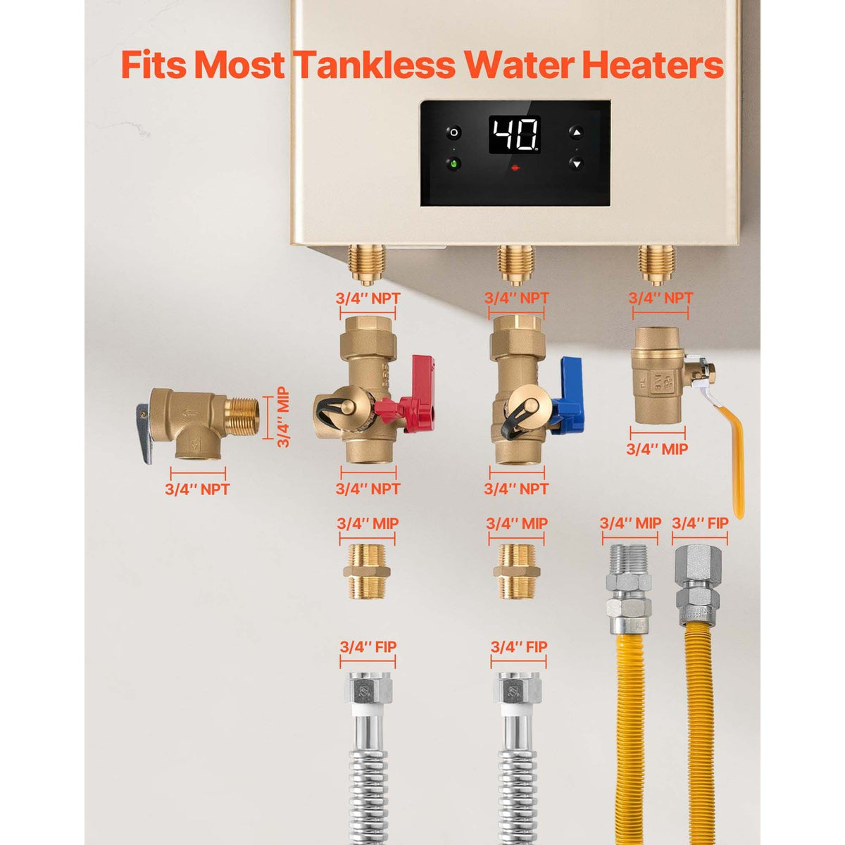 Water Heater Kit, 3/4 Inch Cold & Hot Water Plumbing Repair Kit with 600 WOG Isolation Valves, Pressure Relief Valve, Ball Valve, Gas Hose, Compatible with Most Tankless Waters Heater Brands