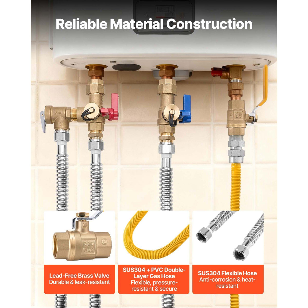 Water Heater Kit, 3/4 Inch Cold & Hot Water Plumbing Repair Kit with 600 WOG Isolation Valves, Pressure Relief Valve, Ball Valve, Gas Hose, Compatible with Most Tankless Waters Heater Brands