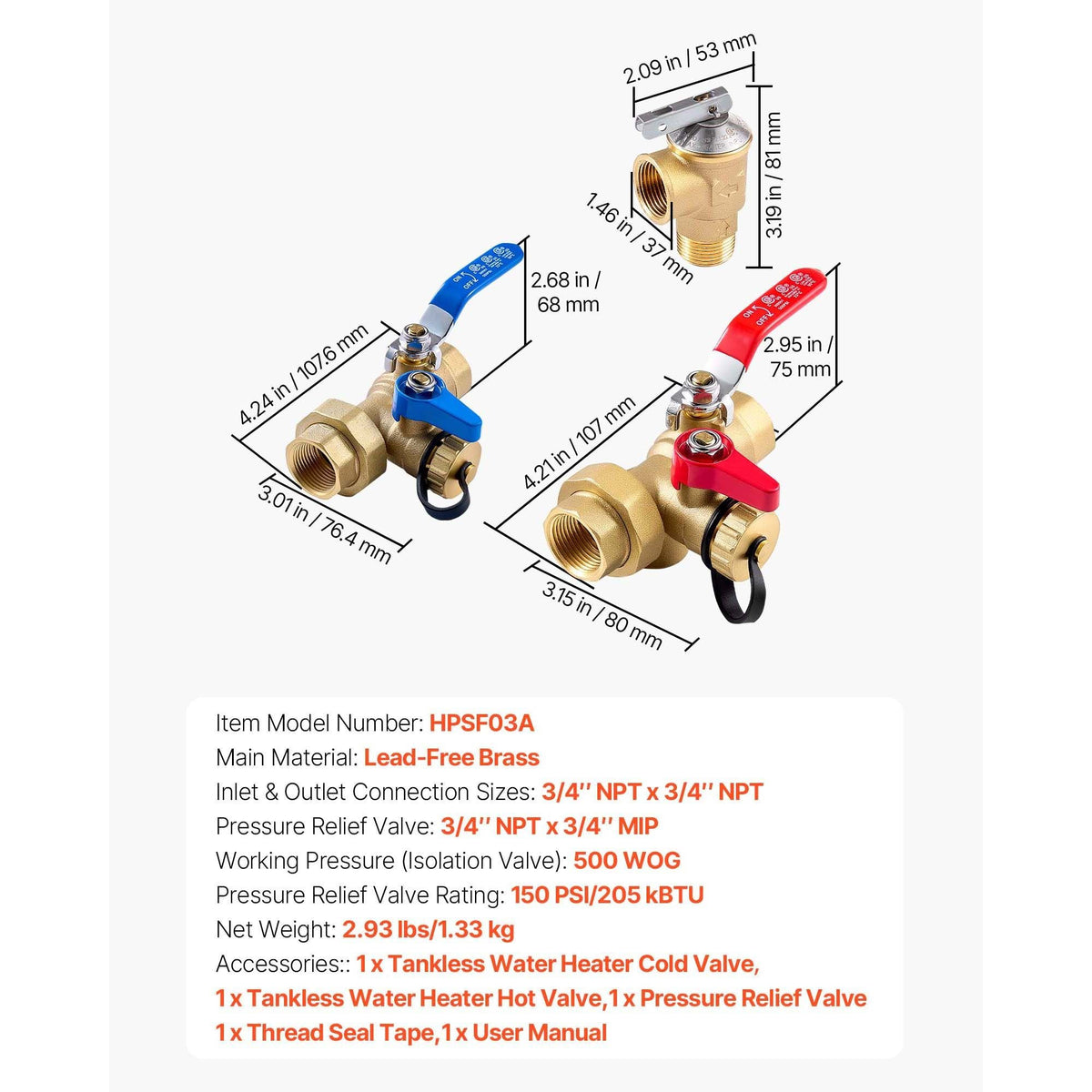 Water Heater Kit, 3/4 Inch Tankless Water Heater Service Valve Kit with 2PCS 3/4″ NPT to 3/4″ NPT Isolation Valves, Pressure Relief Valve, Lead-Free Brass, Fits Most Tankless Waters Heaters