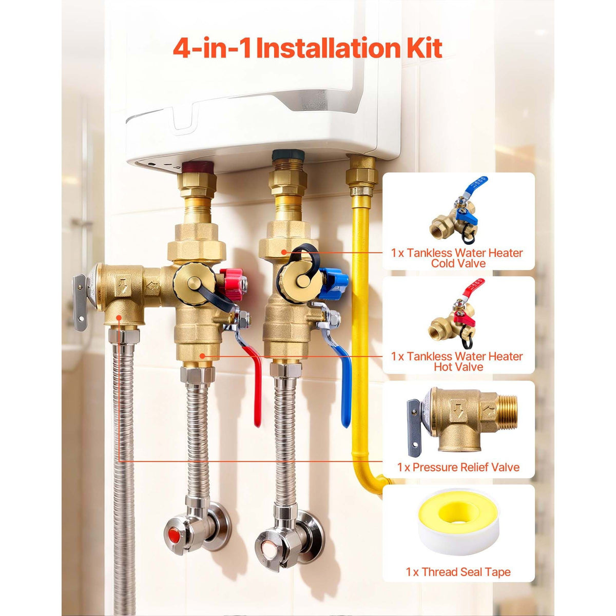 Water Heater Kit, 3/4 Inch Tankless Water Heater Service Valve Kit with 2PCS 3/4″ NPT to 3/4″ NPT Isolation Valves, Pressure Relief Valve, Lead-Free Brass, Fits Most Tankless Waters Heaters