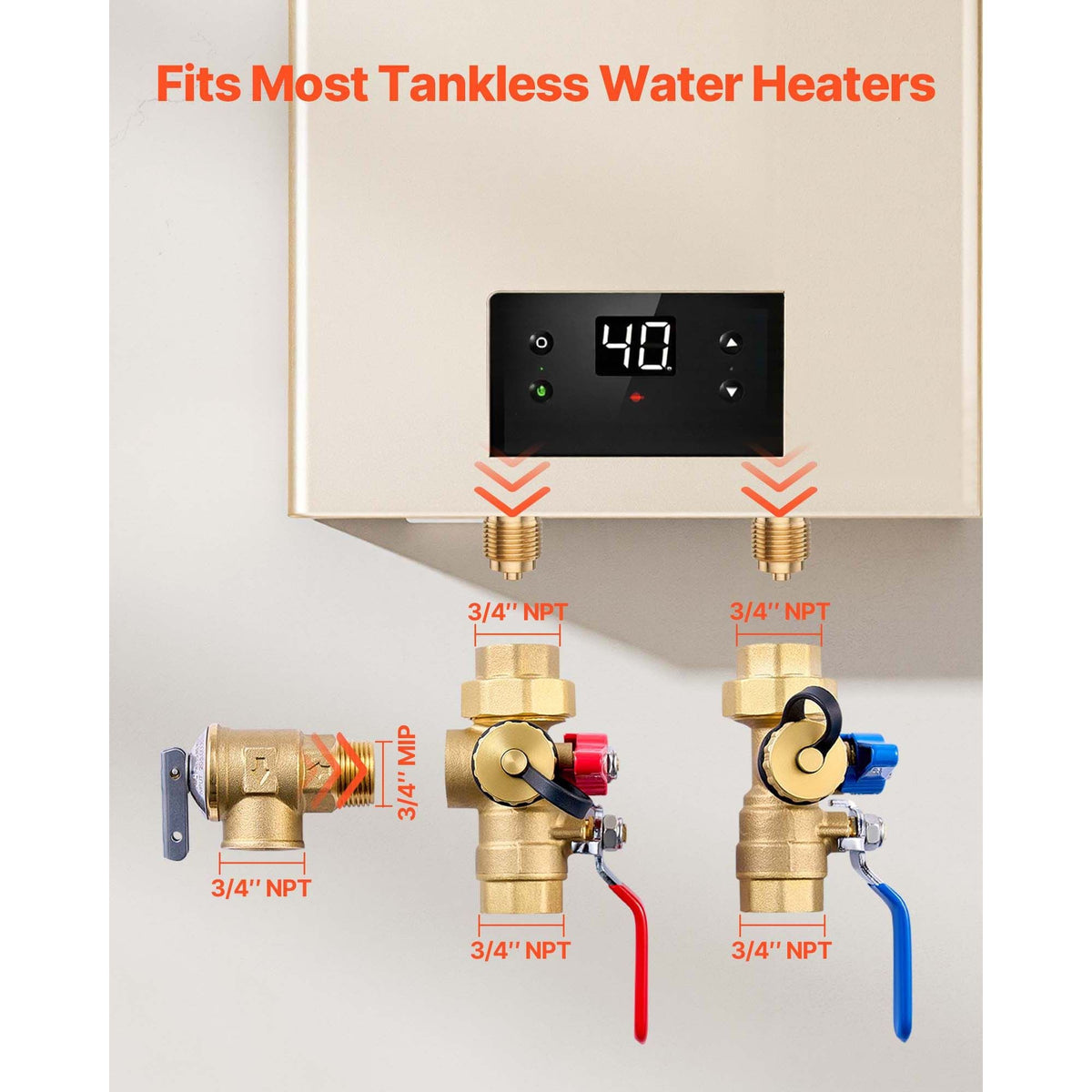 Water Heater Kit, 3/4 Inch Tankless Water Heater Service Valve Kit with 2PCS 3/4″ NPT to 3/4″ NPT Isolation Valves, Pressure Relief Valve, Lead-Free Brass, Fits Most Tankless Waters Heaters